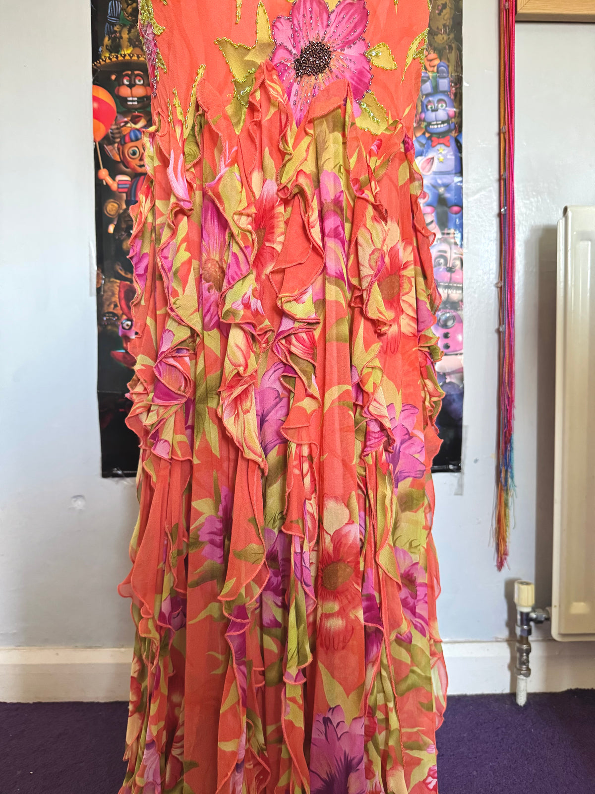 y2k vintage silk orange floral special occasion maxi dress with tassel hem