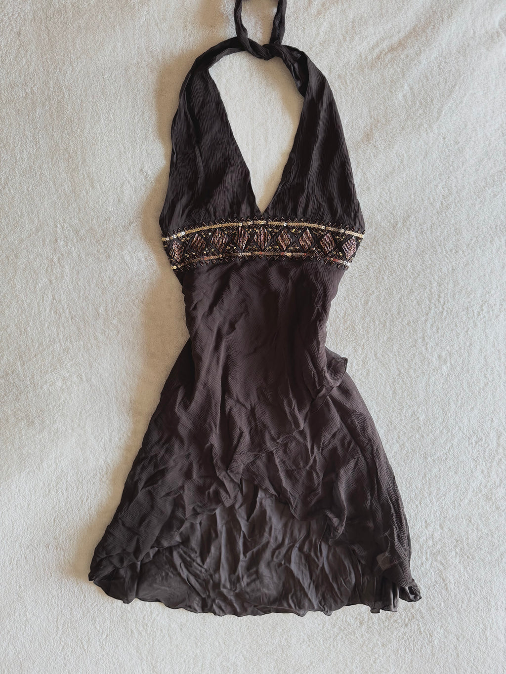 y2k vintage silk chocolate brown fitted asymmetrical fairy hem halterneck midi dress