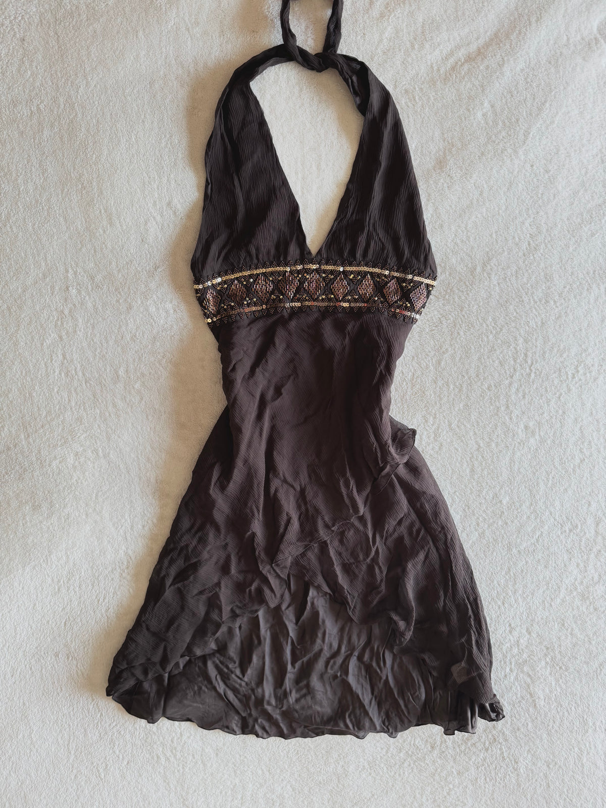 y2k vintage silk chocolate brown fitted asymmetrical fairy hem halterneck midi dress