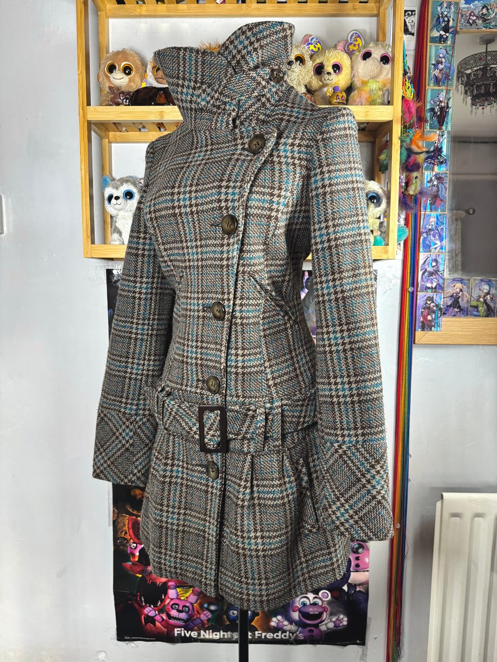 y2k vintage funnel neck plaid button up peacoat with detachable adjustable belt