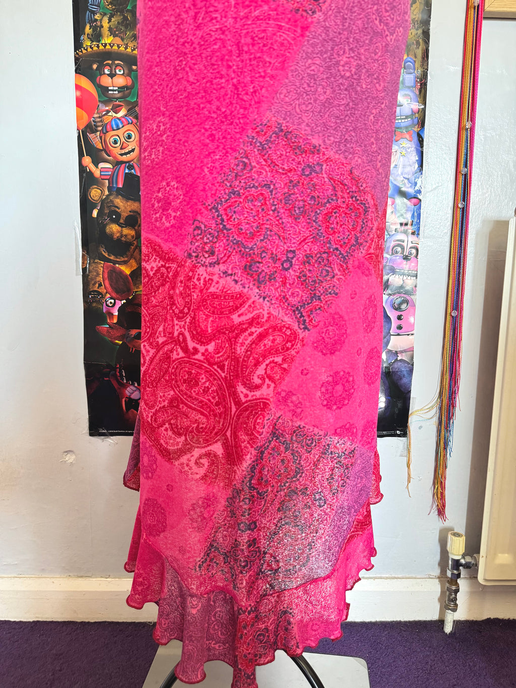 y2k vintage pink paisley print patchwork style midaxi length mesh dress