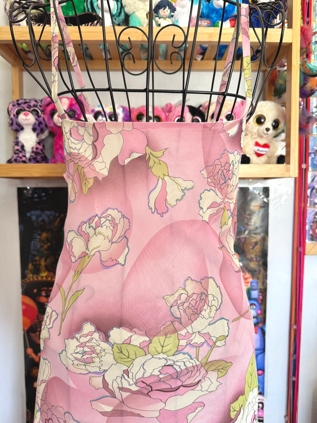 y2k vintage pink floral ruffled asymmetrical hem midi dress