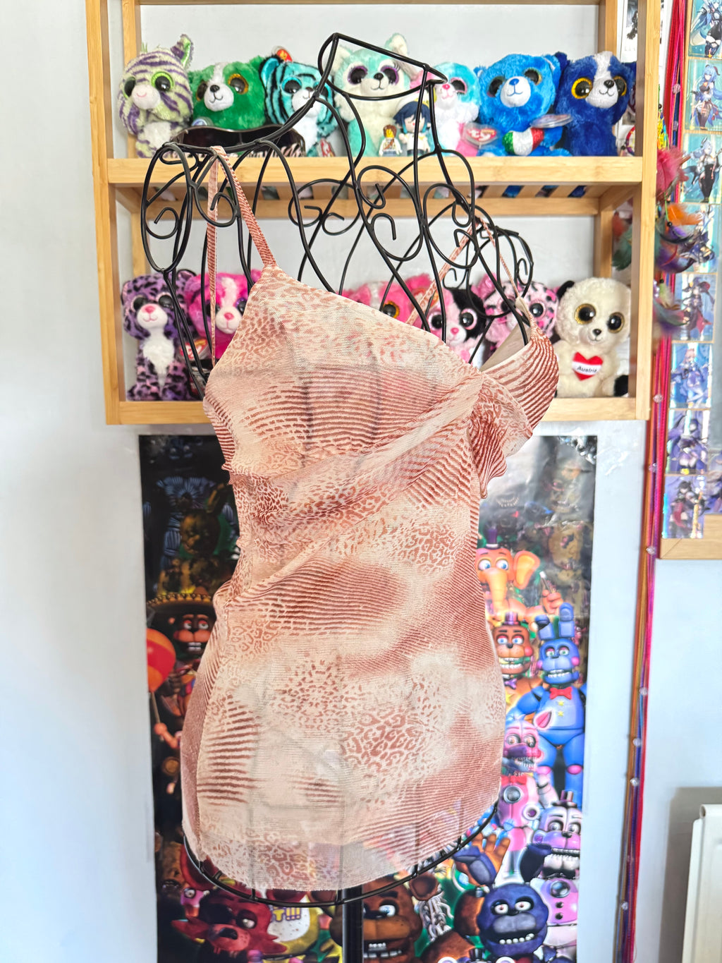 y2k vintage sheer mesh leopard print pink and tan cropped fitted cami top summer festival