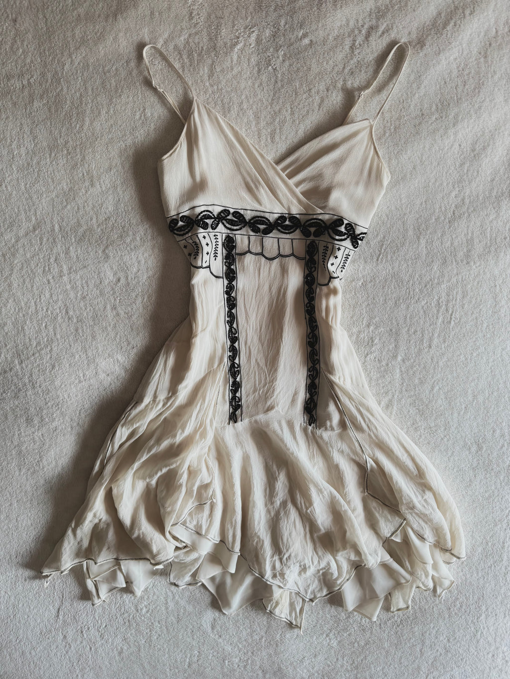y2k vintage silk off white and black beaded midi dress with bulky layered hem fairycore