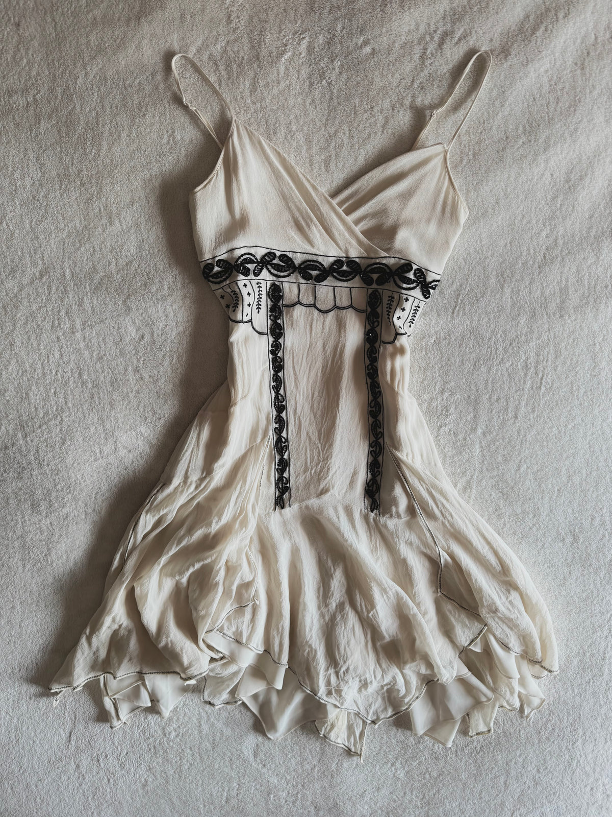 y2k vintage silk off white and black beaded midi dress with bulky layered hem fairycore