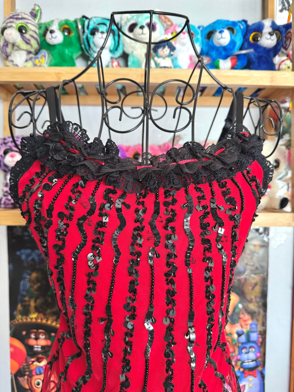y2k vintage red fitted mesh cami top with black dangle beading and sequin embroidery