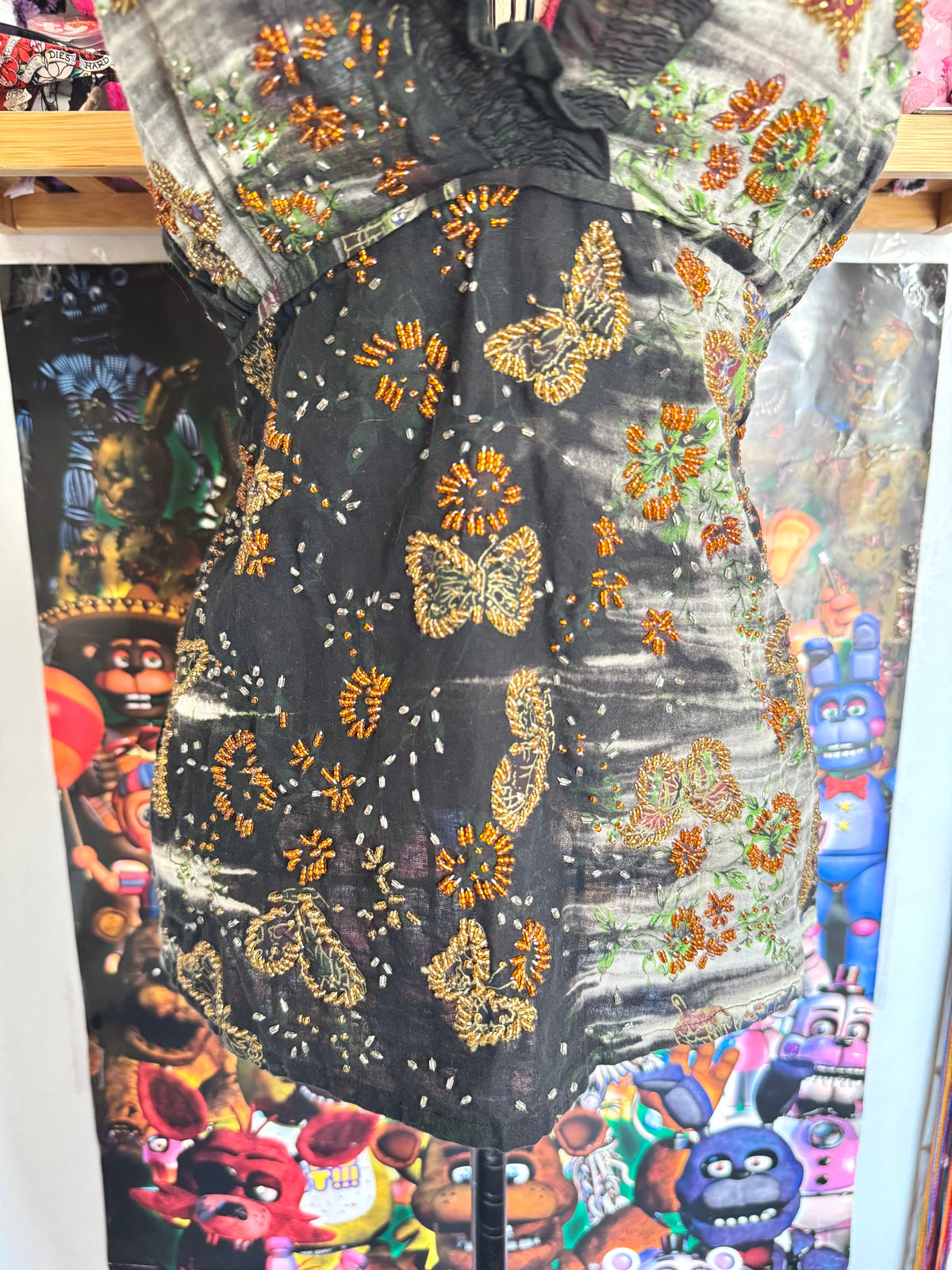 y2k vintage intentionally faded cotton handmade halterneck butterfly beaded cami top
