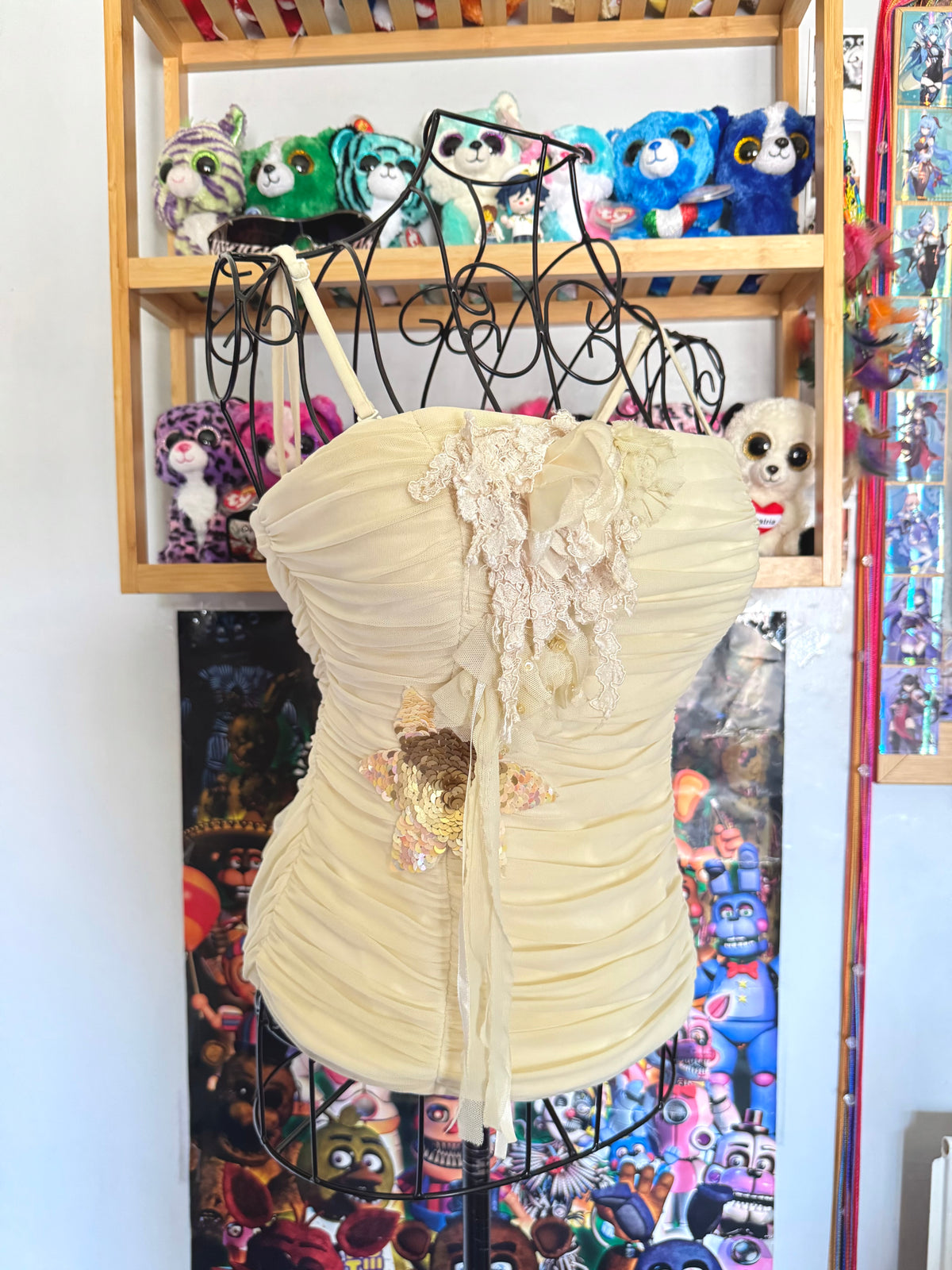 y2k vintage cream ruched boned and fitted corset top with sequins embellished