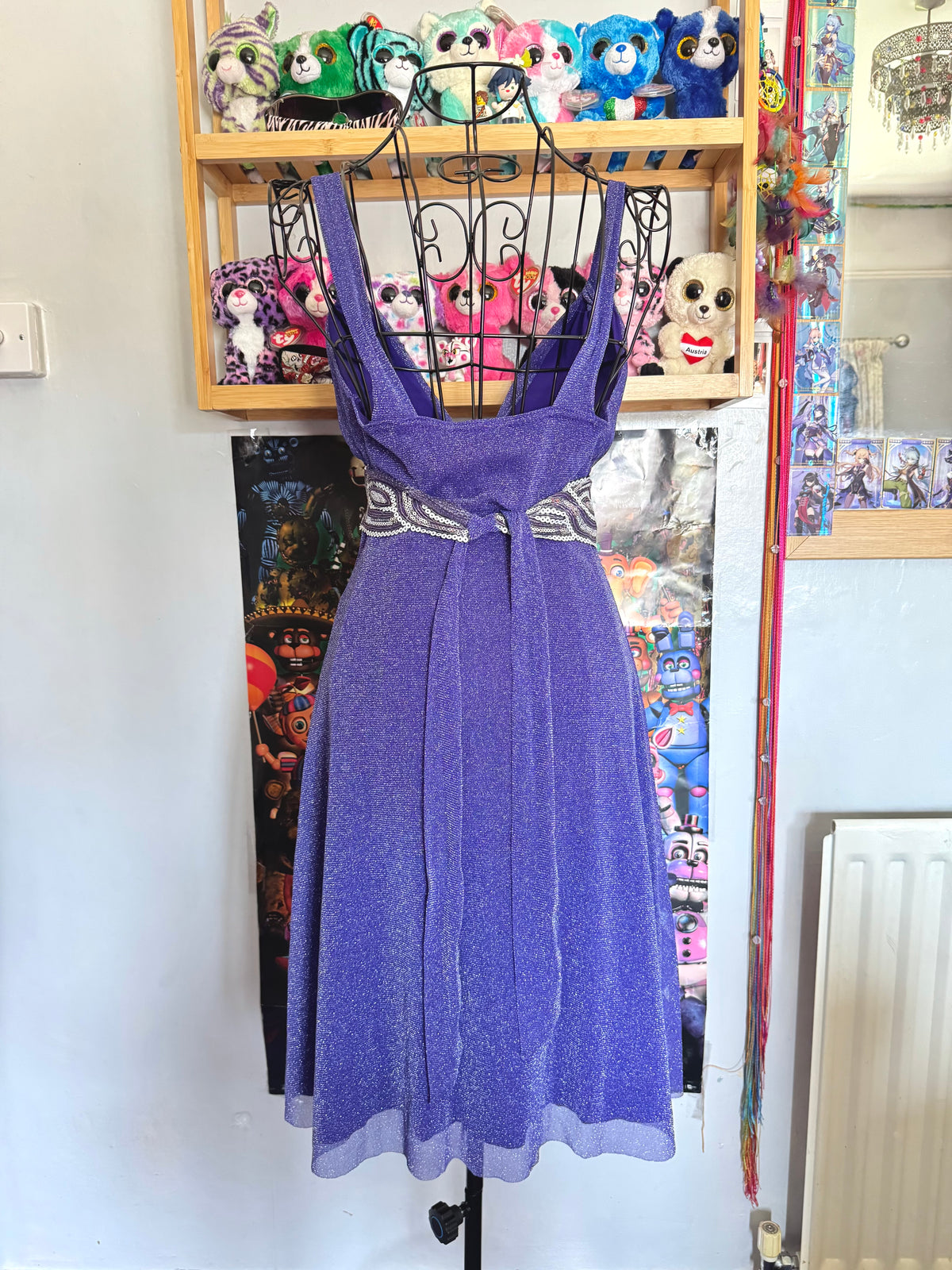 y2k vintage purple shimmery tie back sequin mesh mini dress