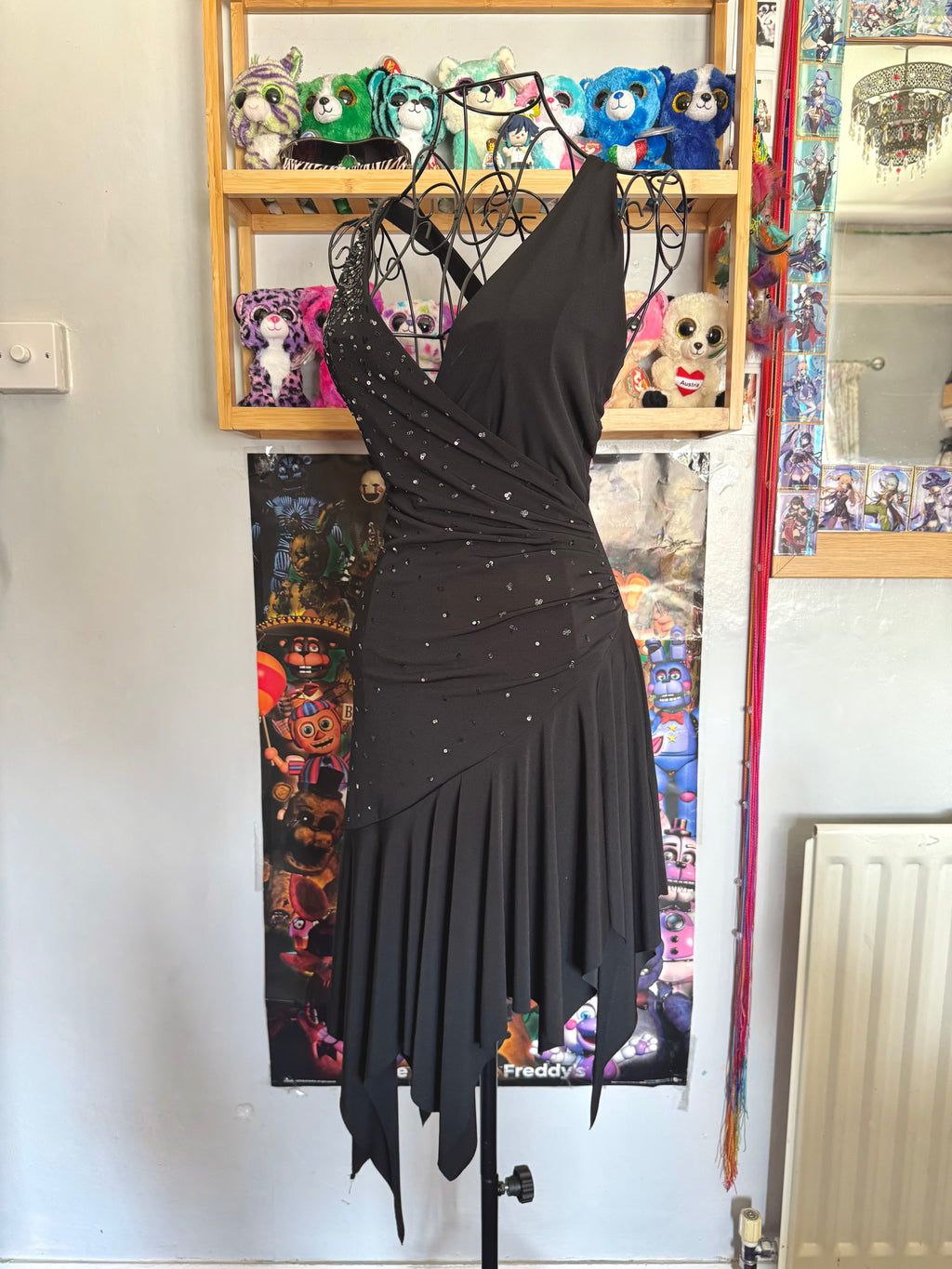 y2k vintage wrap style black rhinestone asymmetrical hem midi dress with ruching
