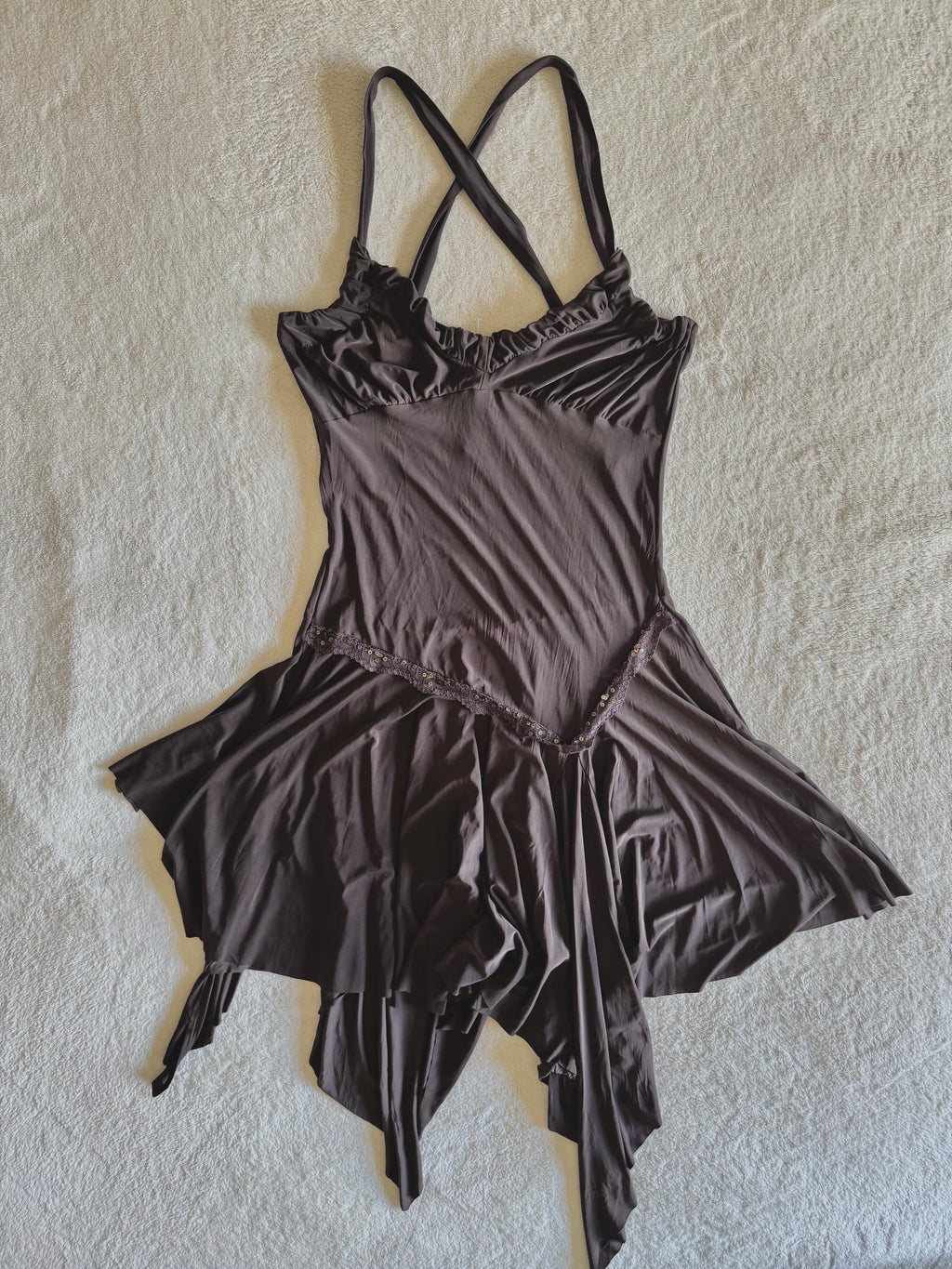y2k vintage chocolate brown asymmetrical hem lace trim midi dress with crisscross back fairy