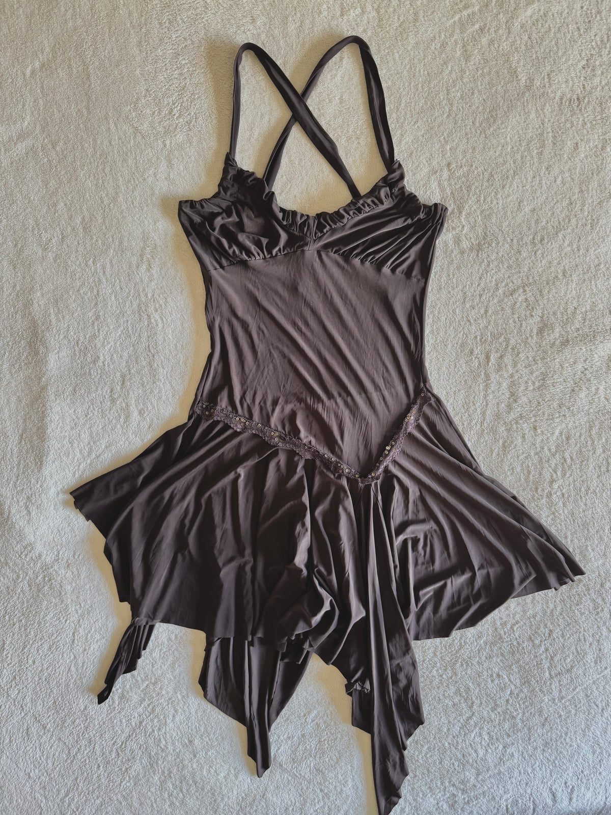 y2k vintage chocolate brown asymmetrical hem lace trim midi dress with crisscross back fairy