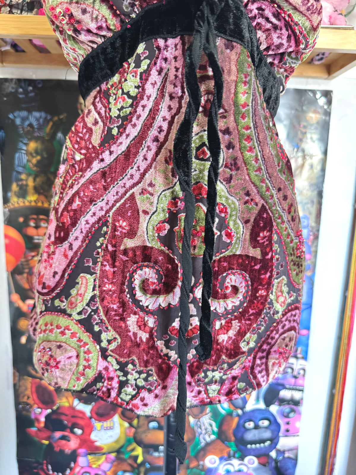 y2k vintage paisley print velvet mixed textures beaded cami top fairycore whimsical