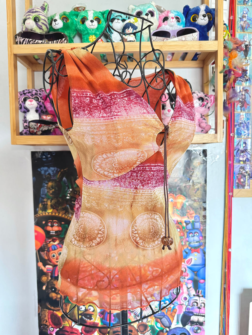 y2k vintage mesh fitted ombre sleeveless vest top with keyhole cutout and tassels