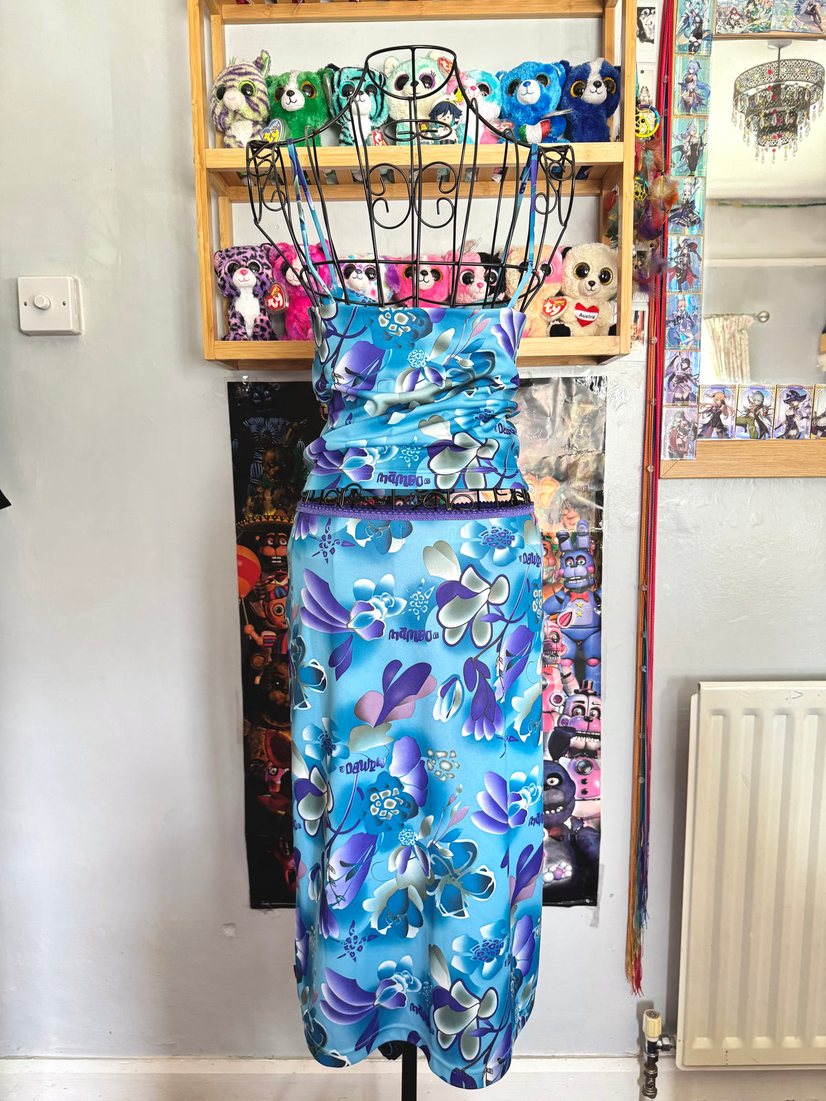 y2k vintage aqua blue h2o floral print two piece midi skirt and cami top set