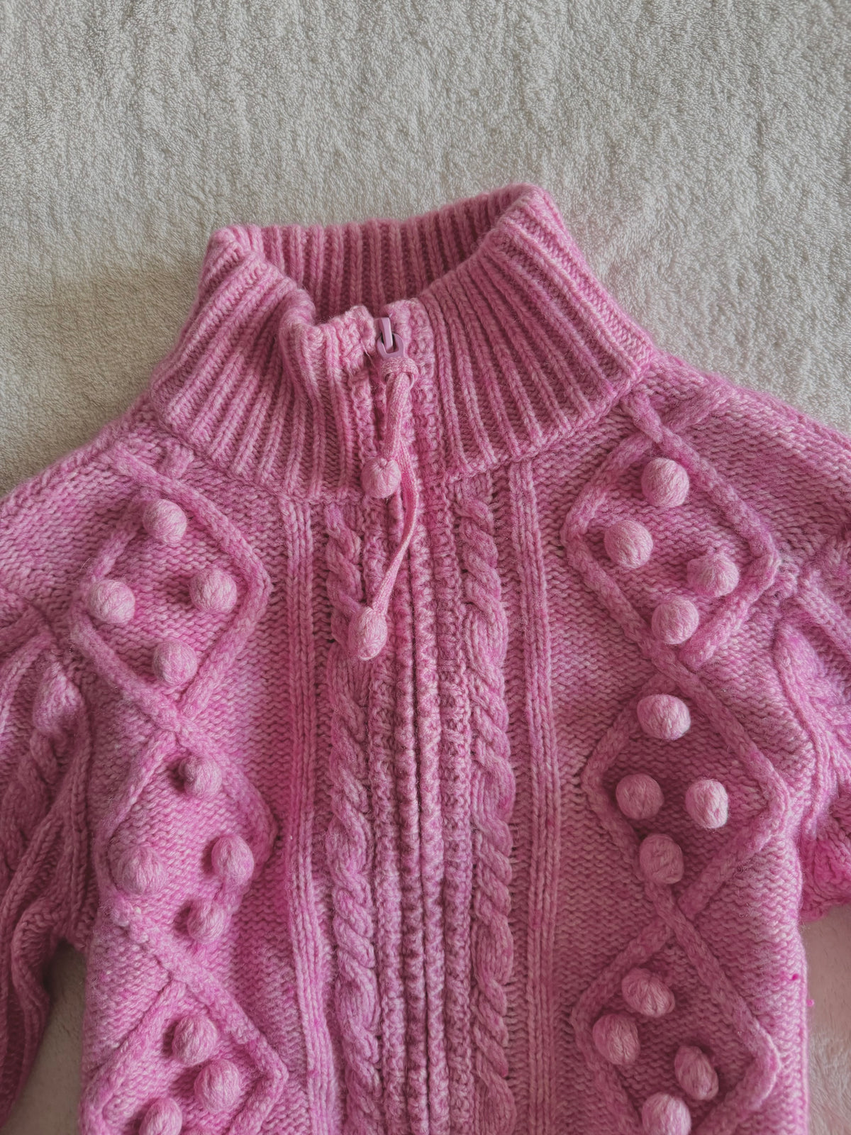 y2k vintage pink fitted cropped chunky cosy zip up jumper with bobbles