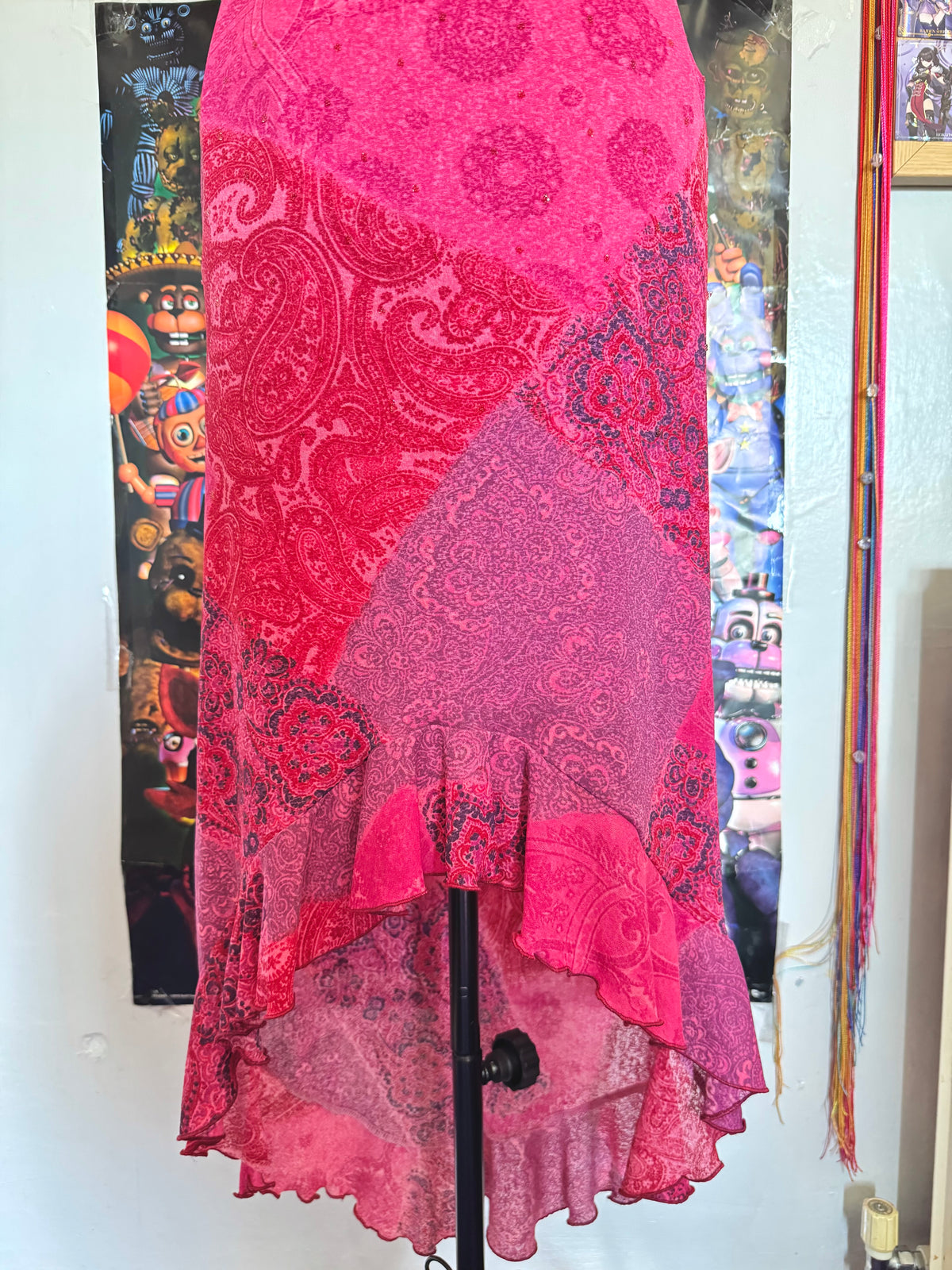 y2k vintage pink paisley print patchwork style midaxi length mesh dress