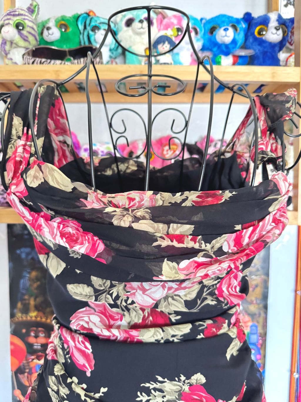 y2k vintage silk floral print ruched fitted cami top with rosette detail