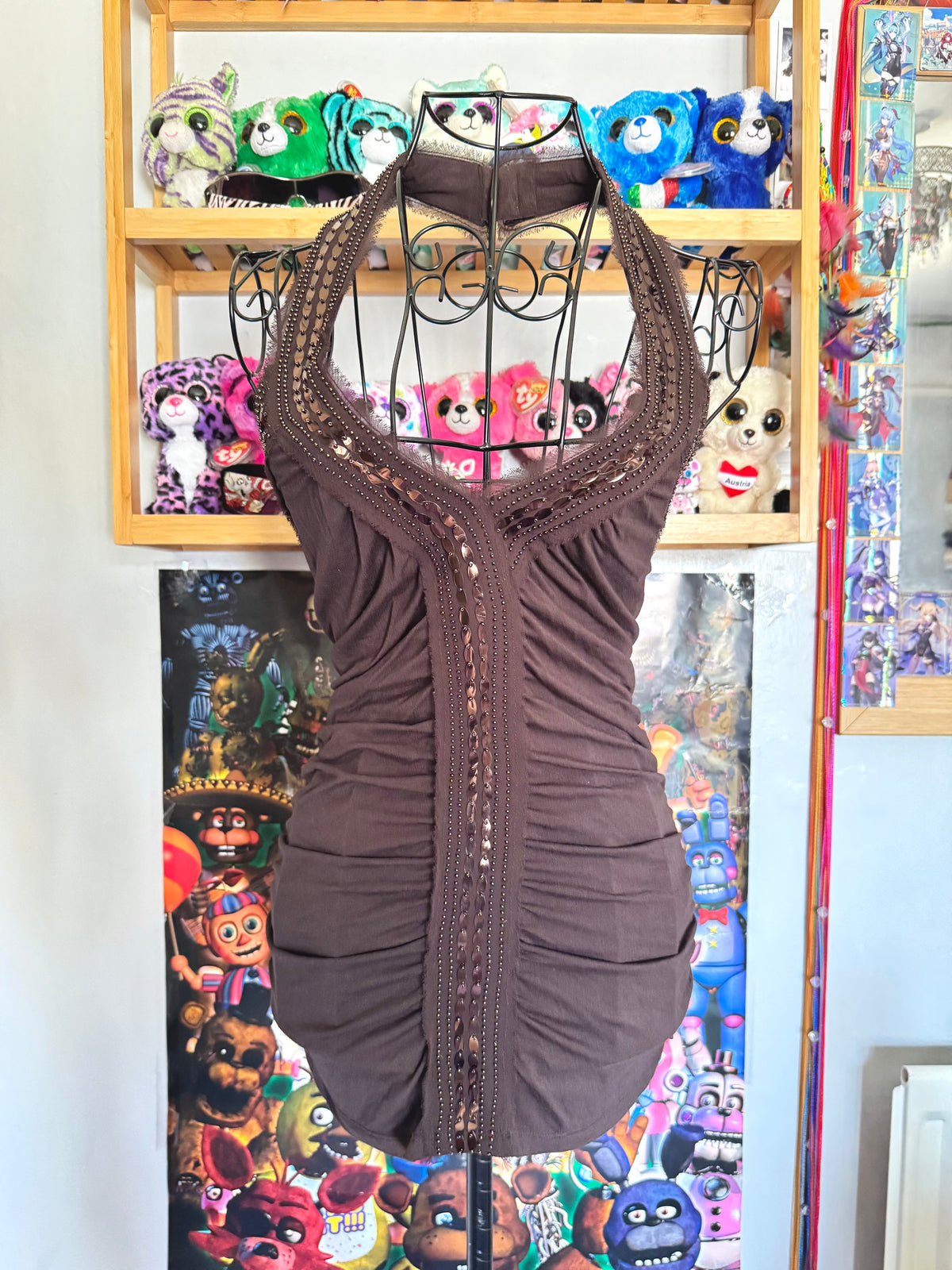 y2k vintage chocolate brown ruched and fitted low back sequin embellished halter top