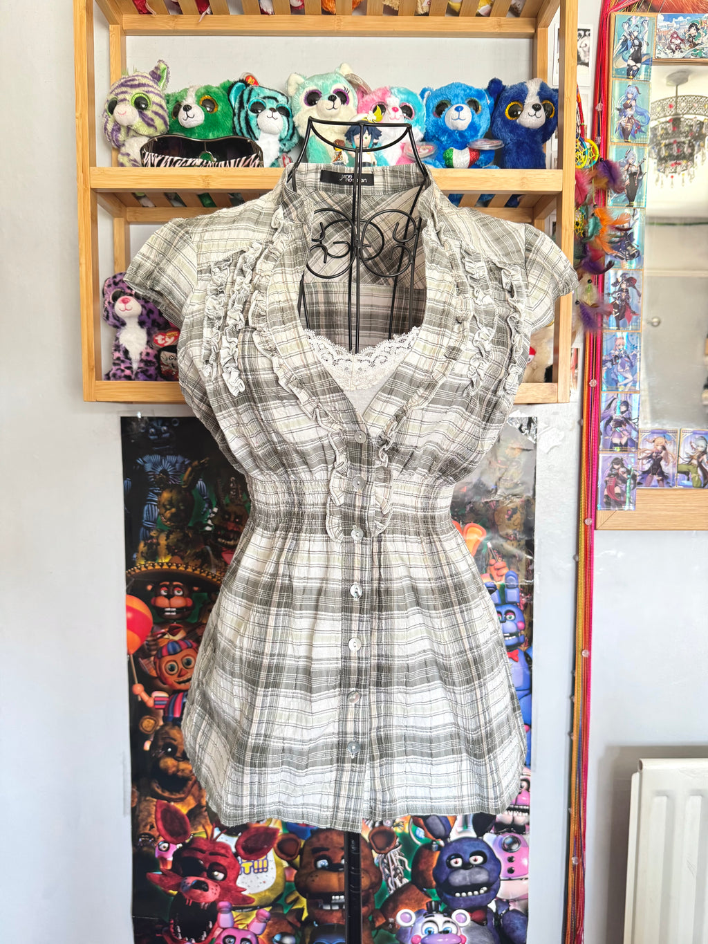 y2k vintage checkered button up babydoll top with elasticated waist and cap sleeves