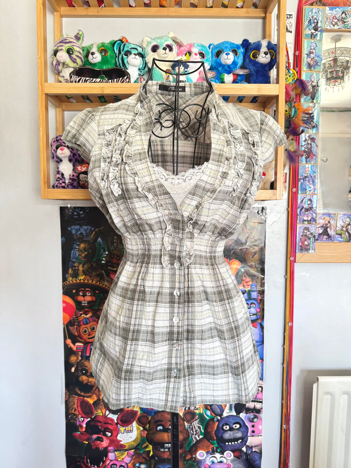 y2k vintage checkered button up babydoll top with elasticated waist and cap sleeves