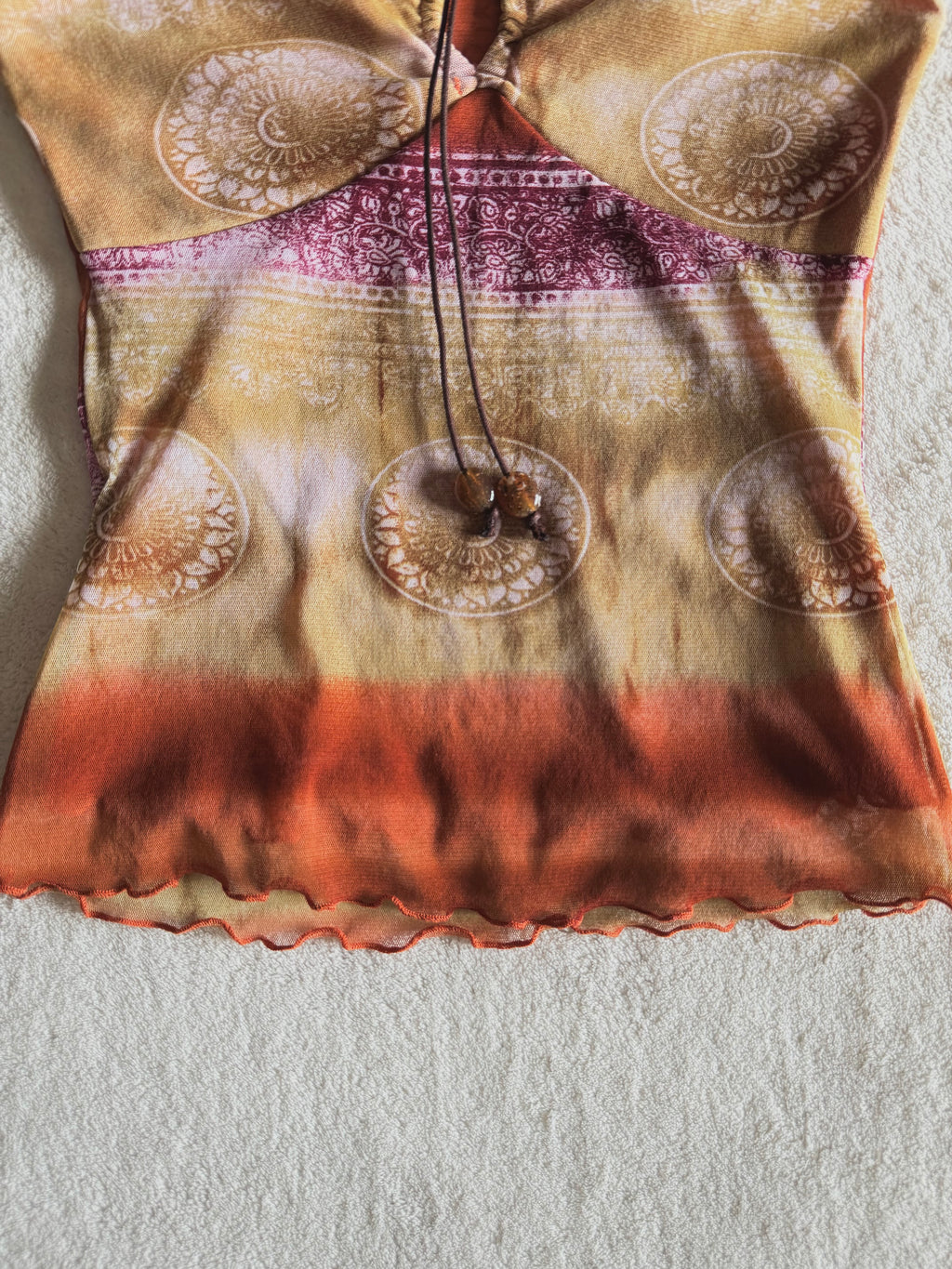 y2k vintage mesh fitted ombre sleeveless vest top with keyhole cutout and tassels