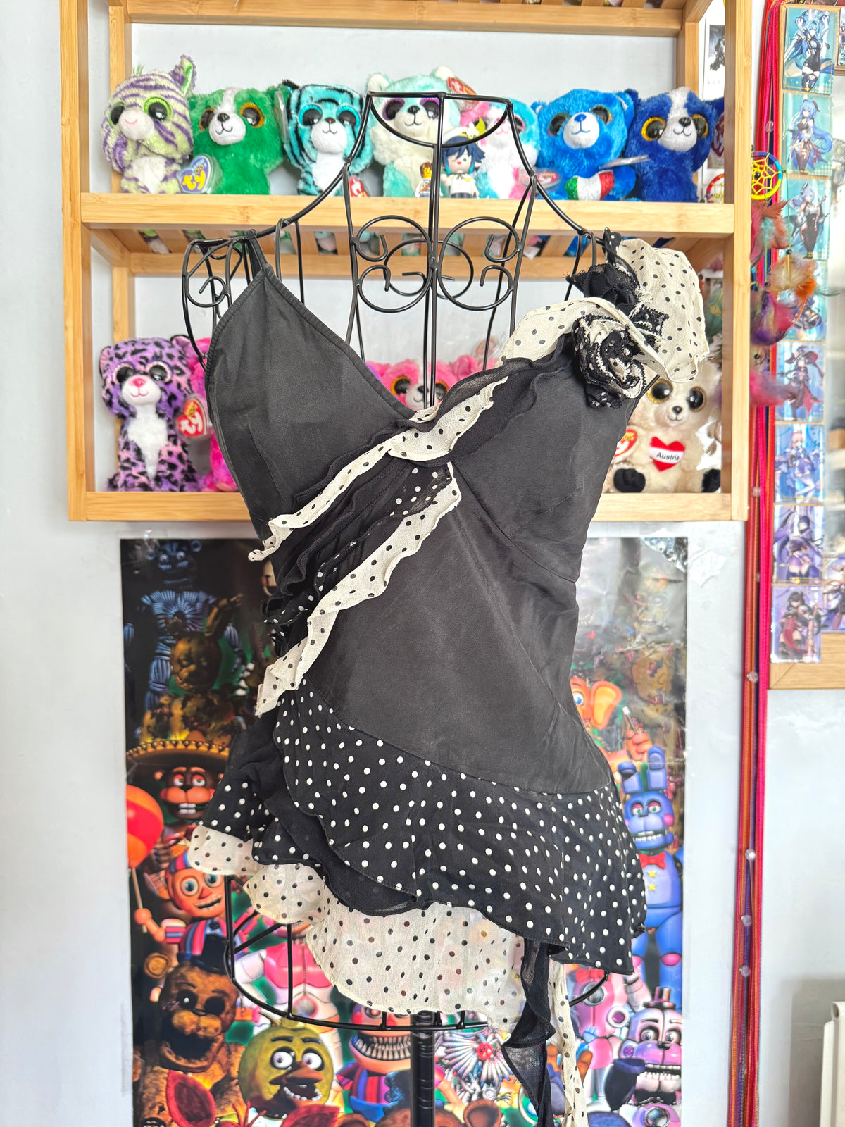 y2k vintage black and cream silk polkadot fitted asymmetrical cami top