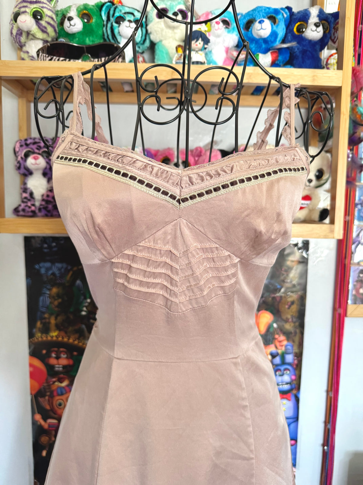 y2k vintage silk dusky pink and brown ombre fitted midi dress fit and flare with blossoms