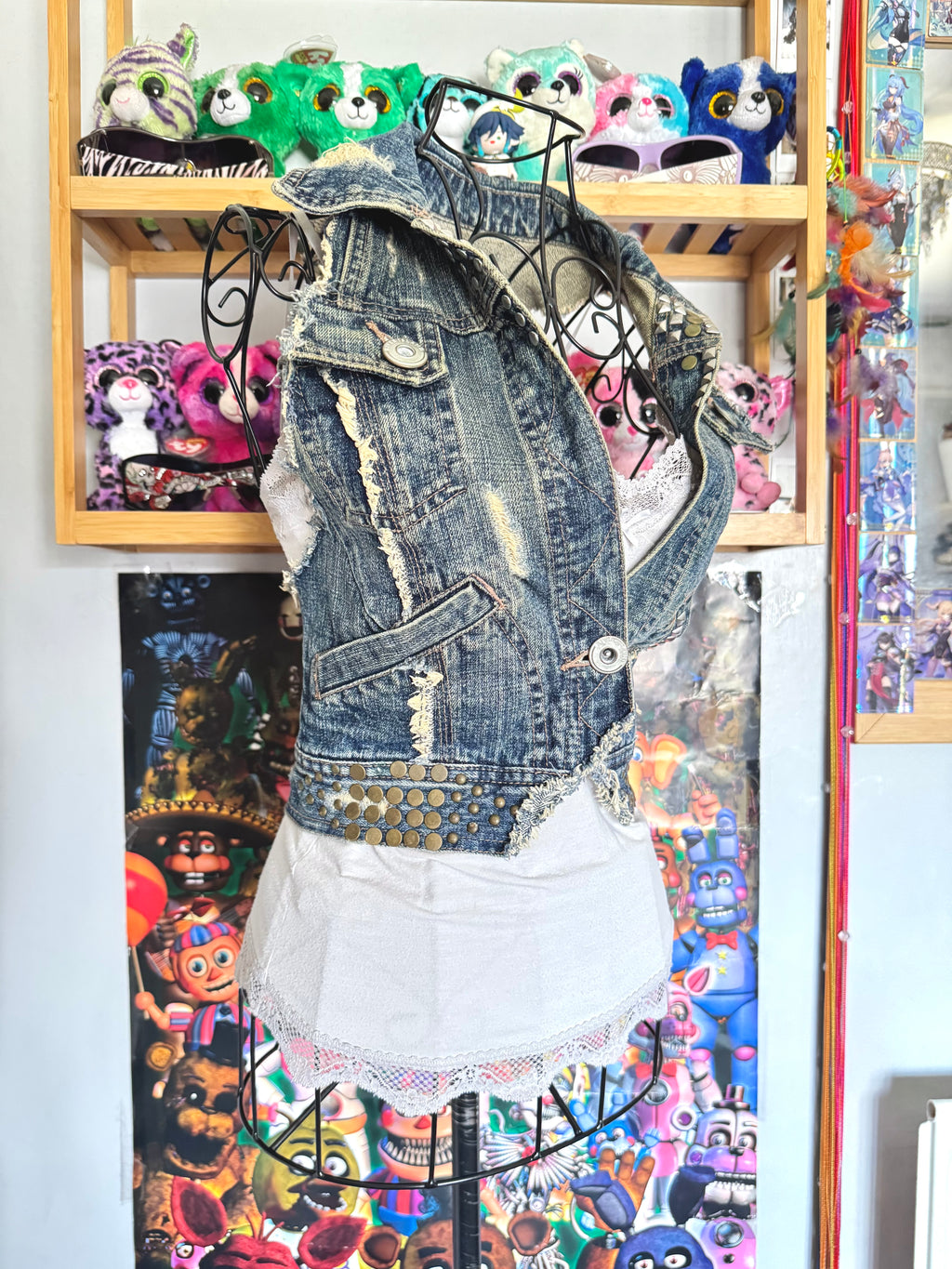 y2k vintage medium wash denim sleeveless waistcoat with studs and punk details