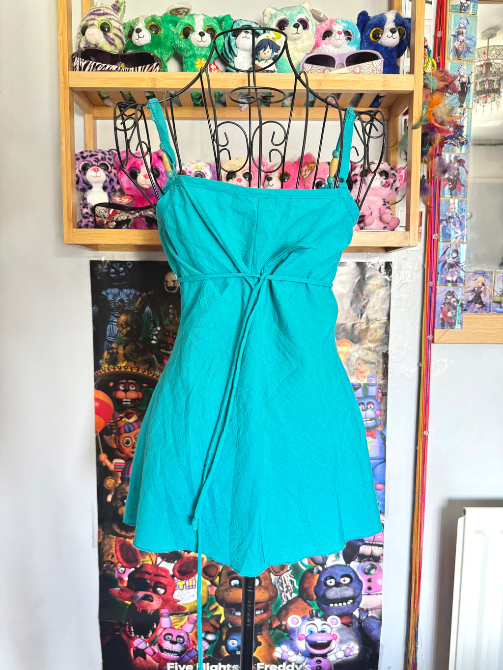 y2k vintage teal blue tie back fitted cami top with expansive floral embroidery