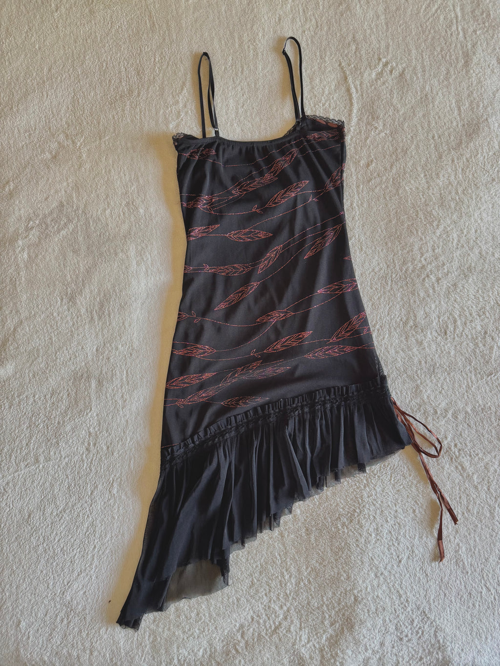y2k vintage black asymmetrical hem mesh midi dress with bronze shimmer