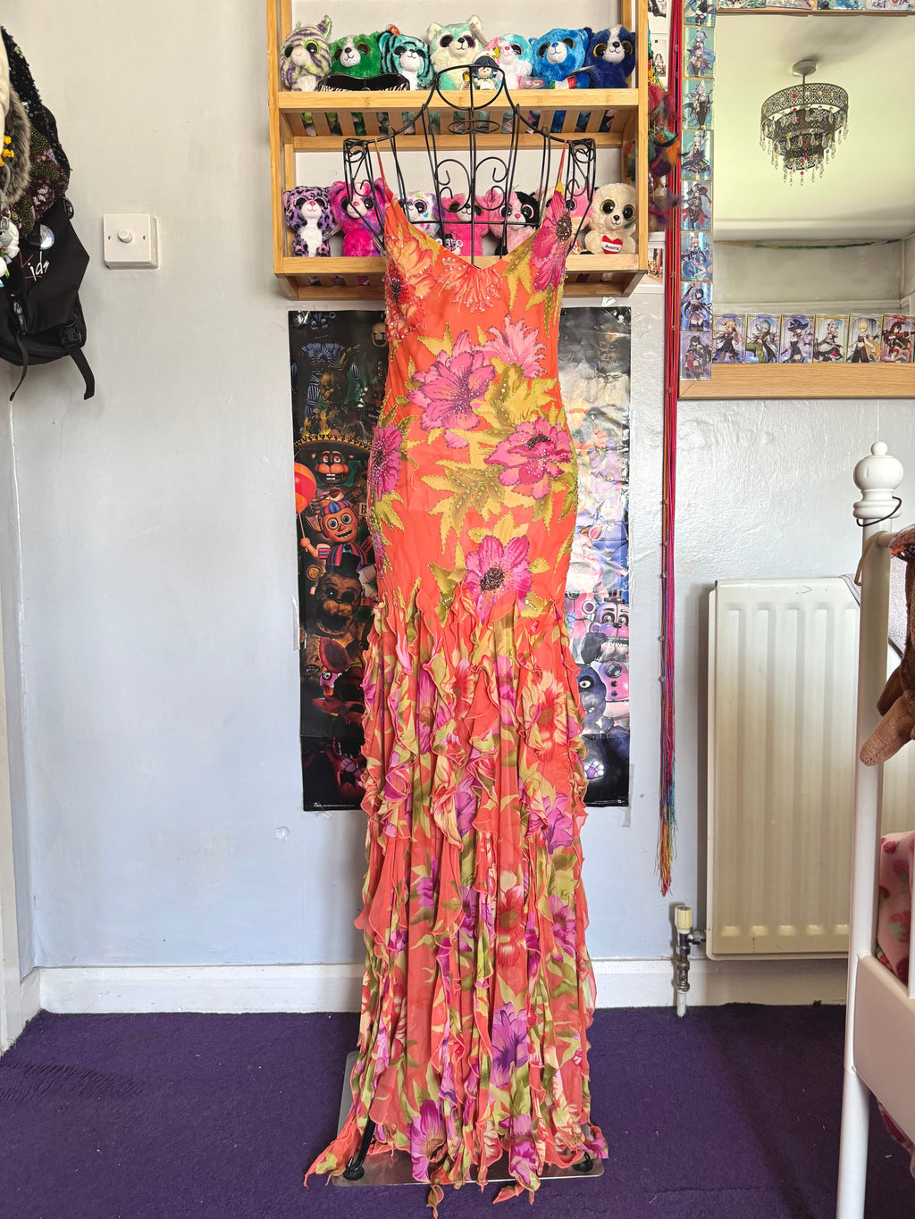 y2k vintage silk orange floral special occasion maxi dress with tassel hem