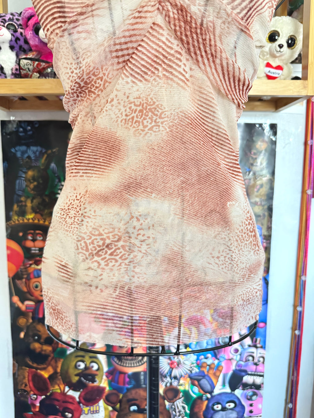 y2k vintage sheer mesh leopard print pink and tan cropped fitted cami top summer festival