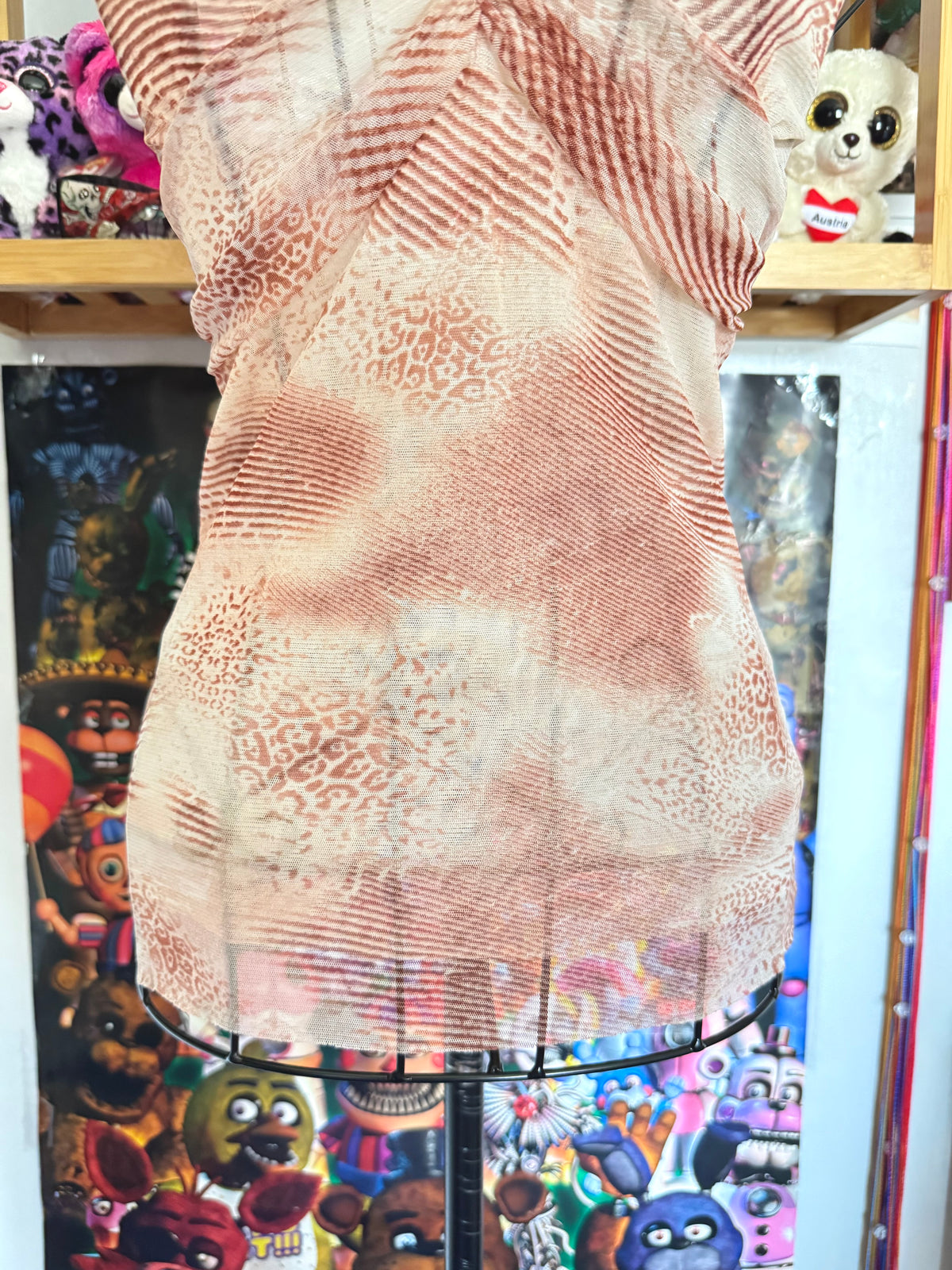 y2k vintage sheer mesh leopard print pink and tan cropped fitted cami top summer festival
