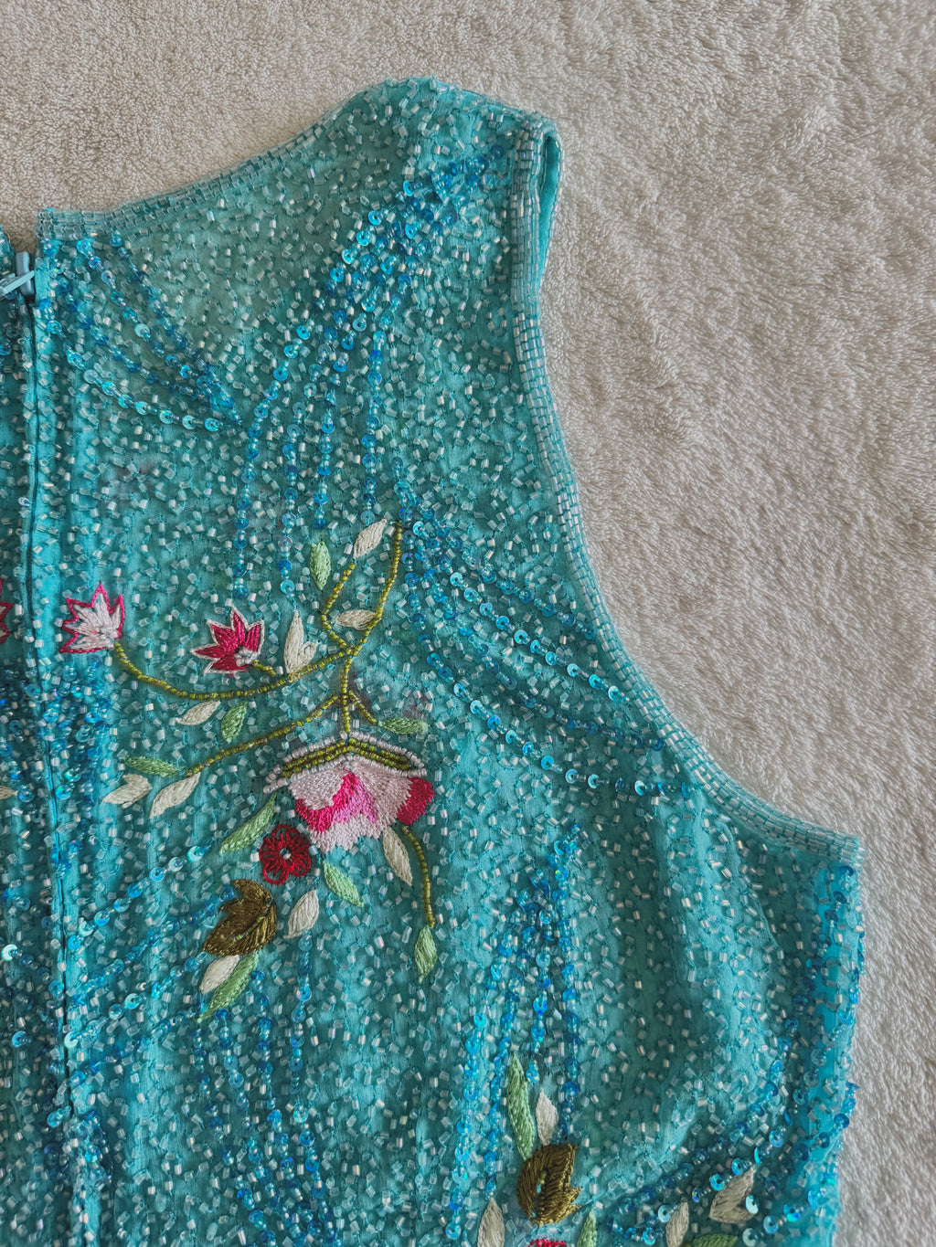 y2k vintage turquoise blue heavily beaded silk fitted vest top mermaid