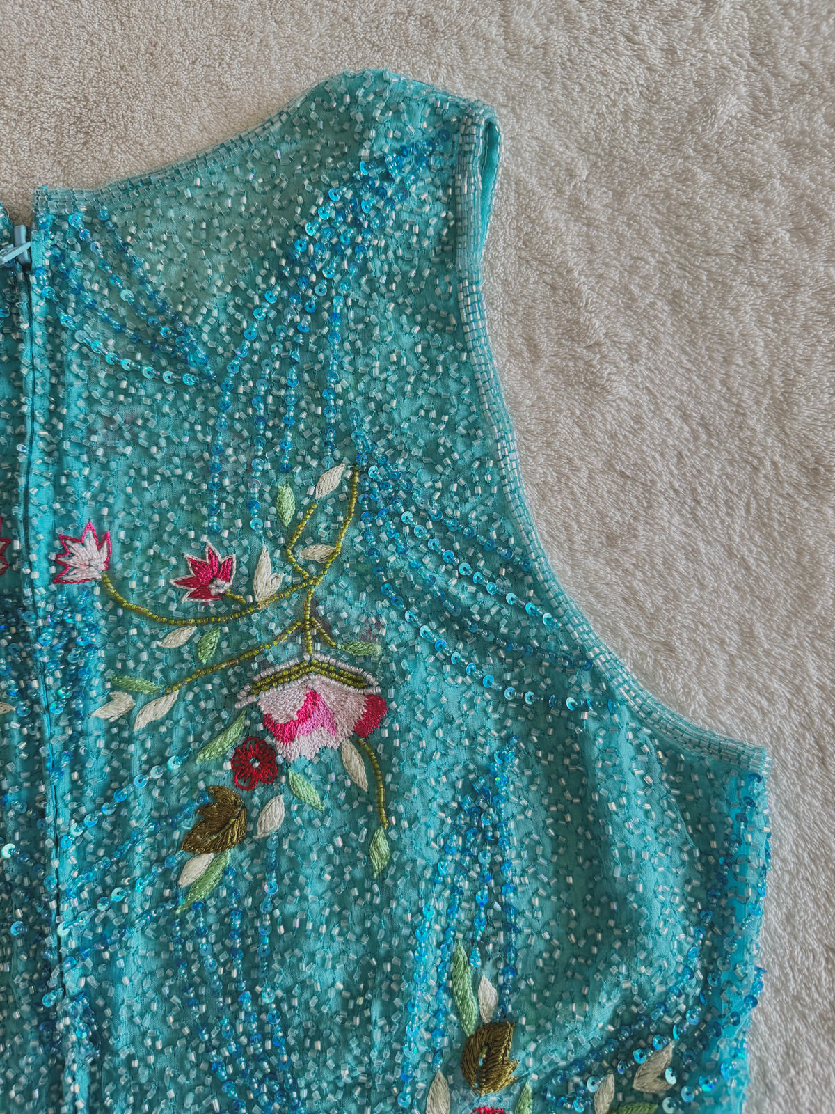 y2k vintage turquoise blue heavily beaded silk fitted vest top mermaid