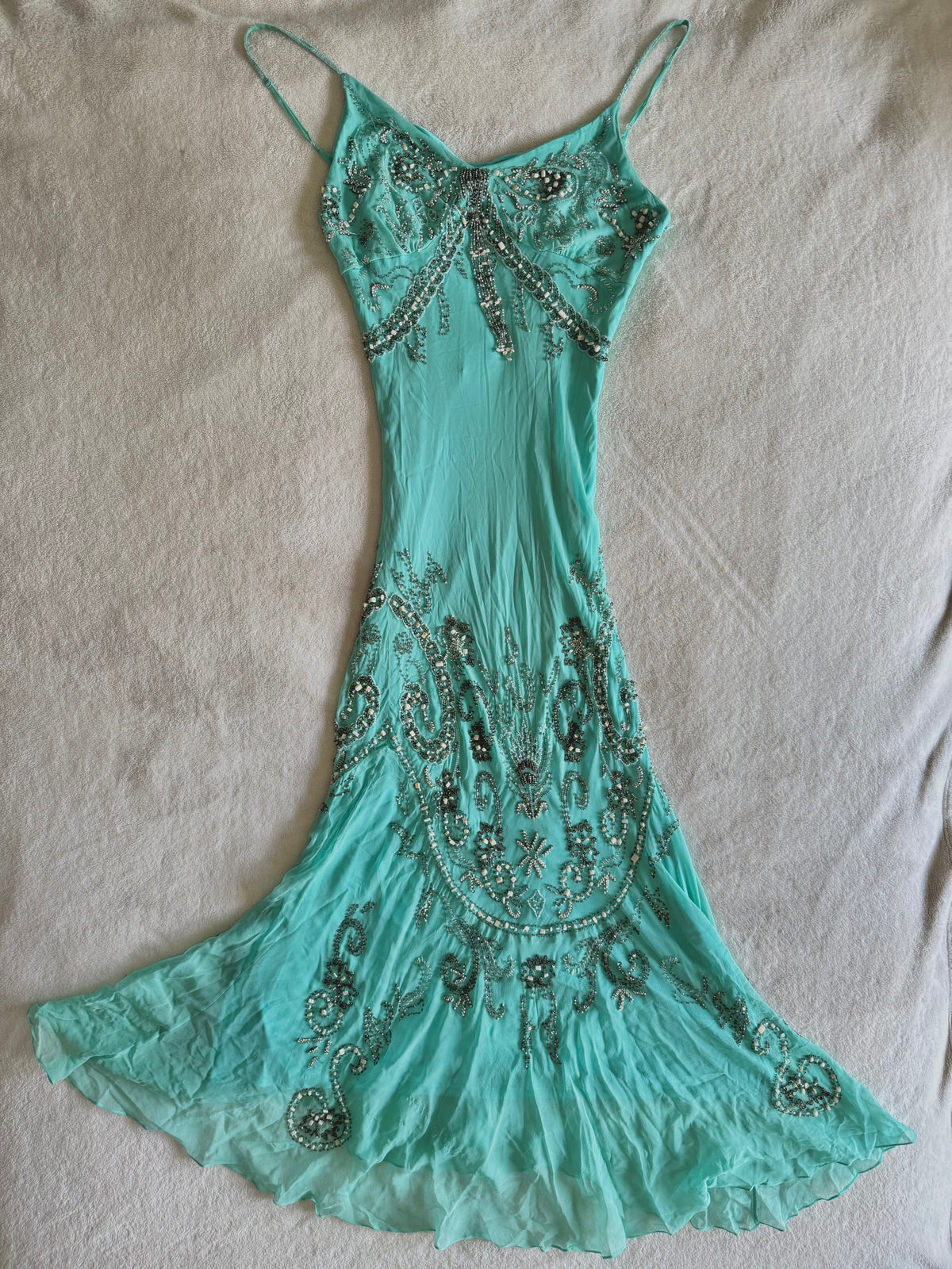 vintage 90’s turquoise blue silk heavily beaded handmade fishtail maxi dress mermaid core