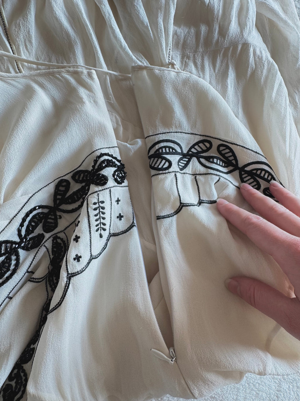 y2k vintage silk off white and black beaded midi dress with bulky layered hem fairycore