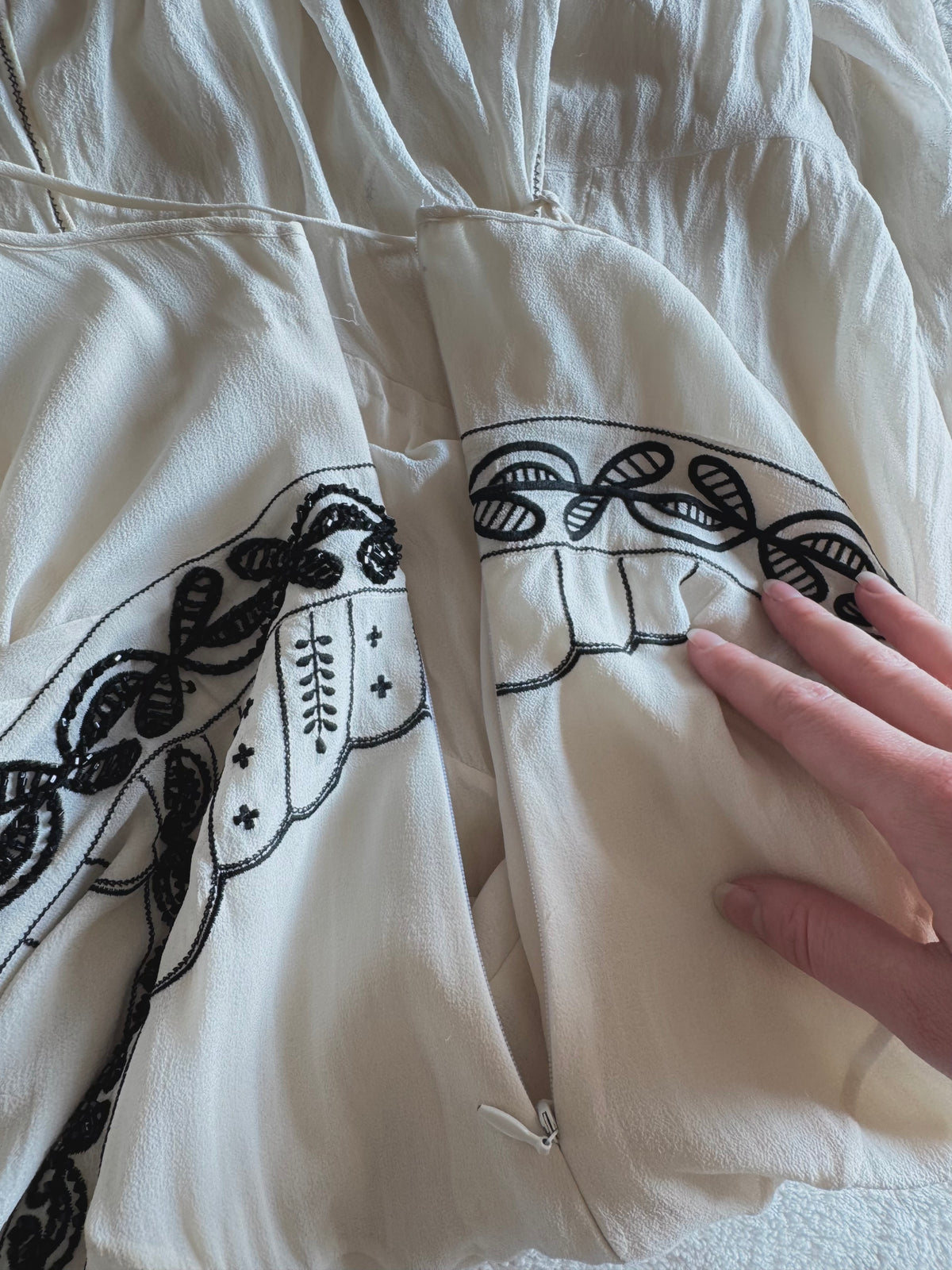 y2k vintage silk off white and black beaded midi dress with bulky layered hem fairycore