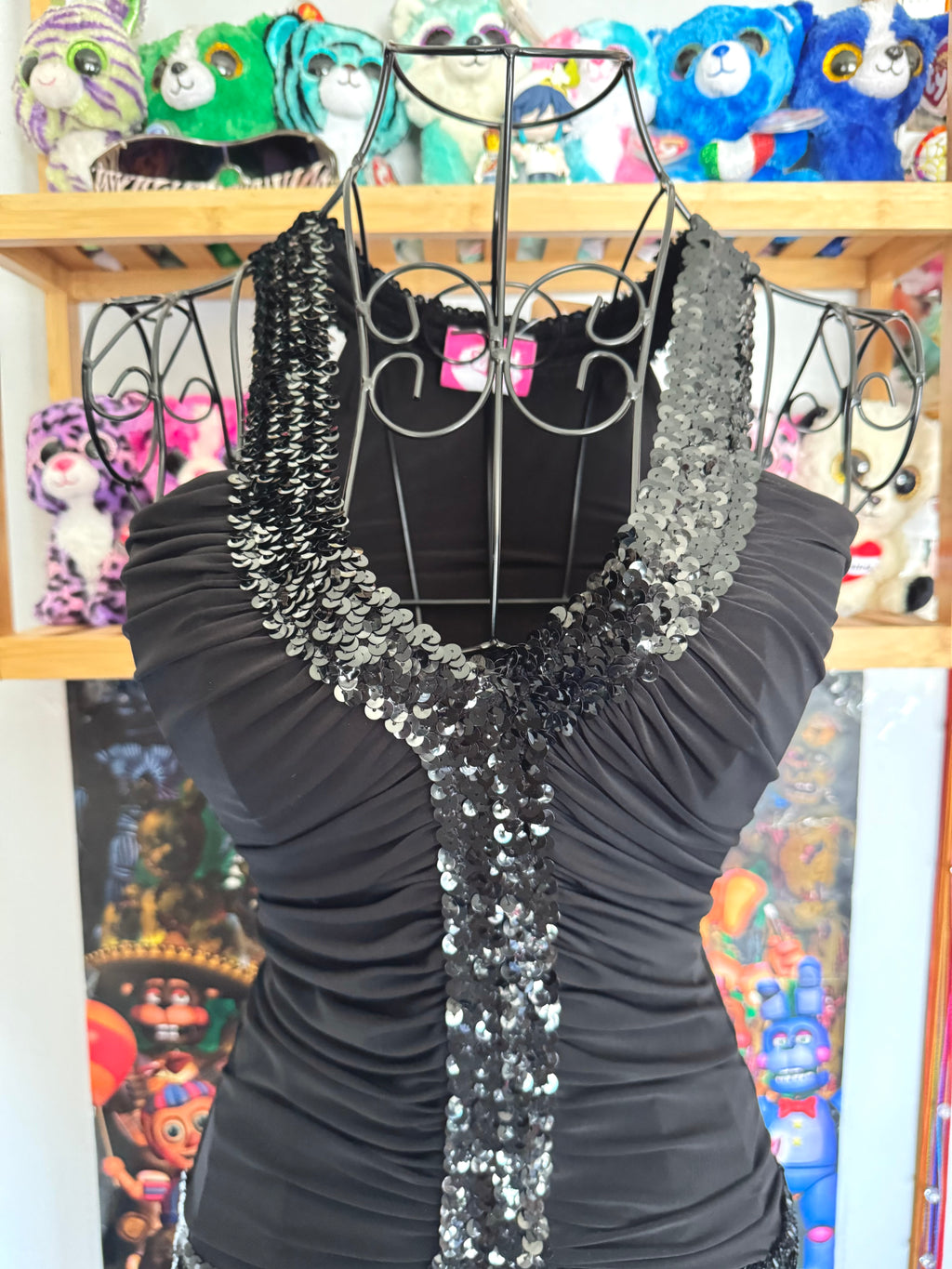 y2k vintage black slinky ruched ruffled vneck top with sequins