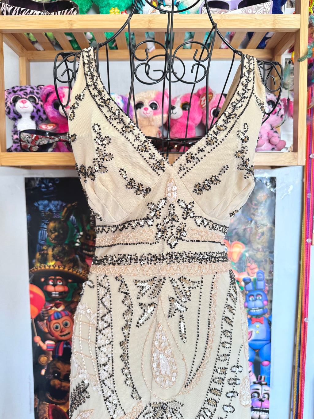y2k vintage incredible heavily beaded beige midaxi dress 20’s gatsby style