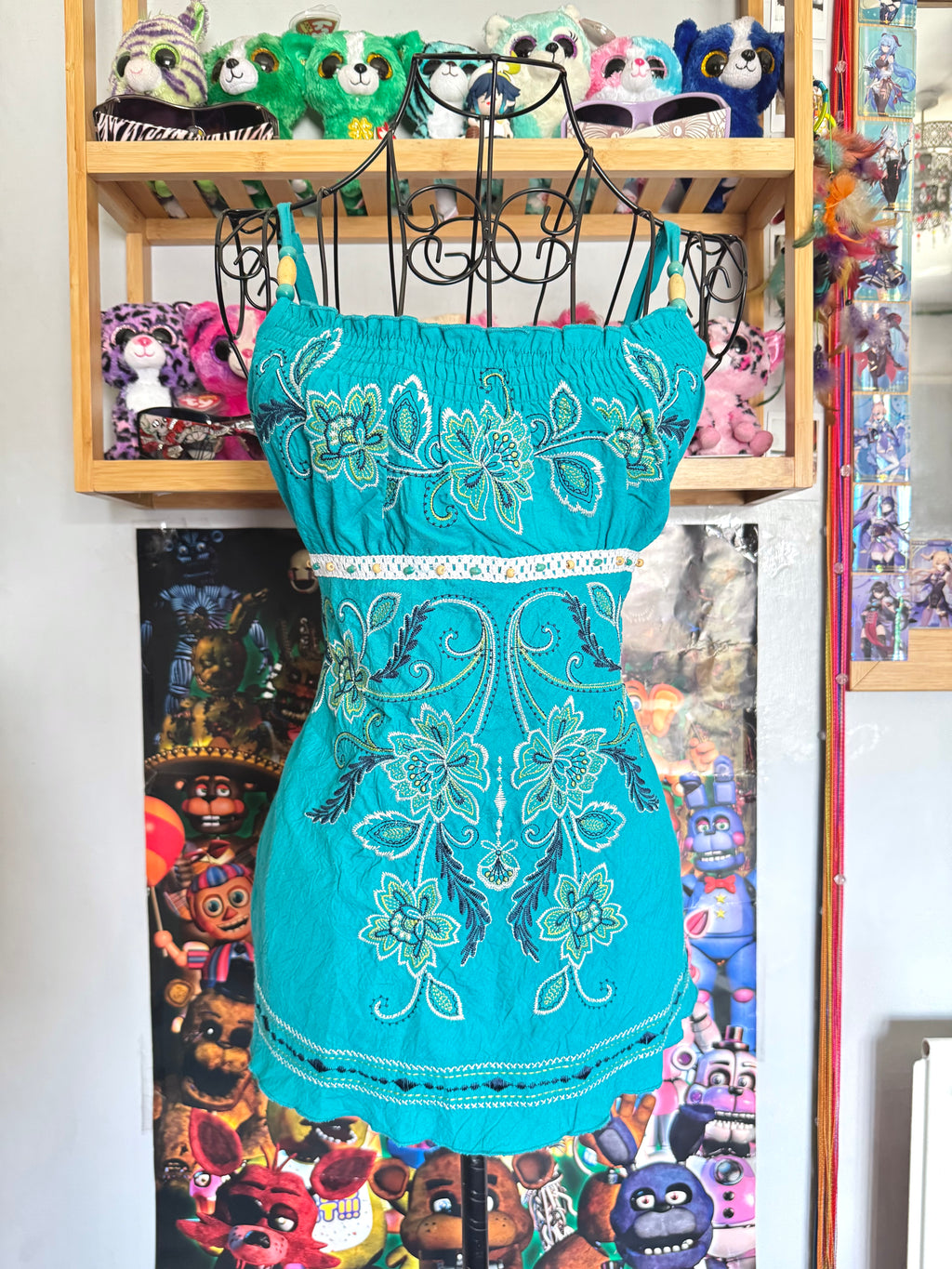 y2k vintage teal blue tie back fitted cami top with expansive floral embroidery