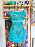 y2k vintage teal blue tie back fitted cami top with expansive floral embroidery
