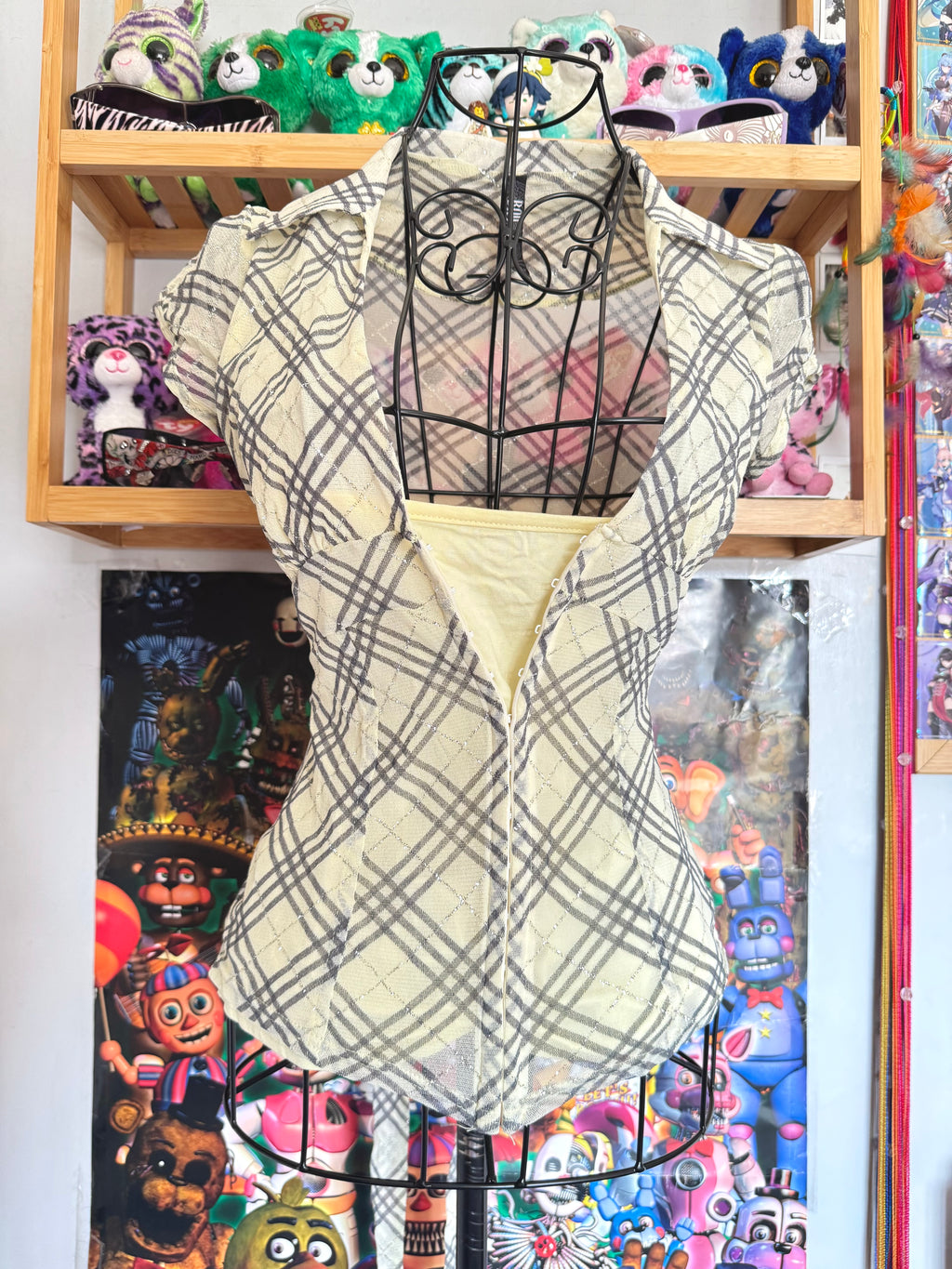 y2k vintage plaid print glittery tie back fitted blouse with built-in cami under