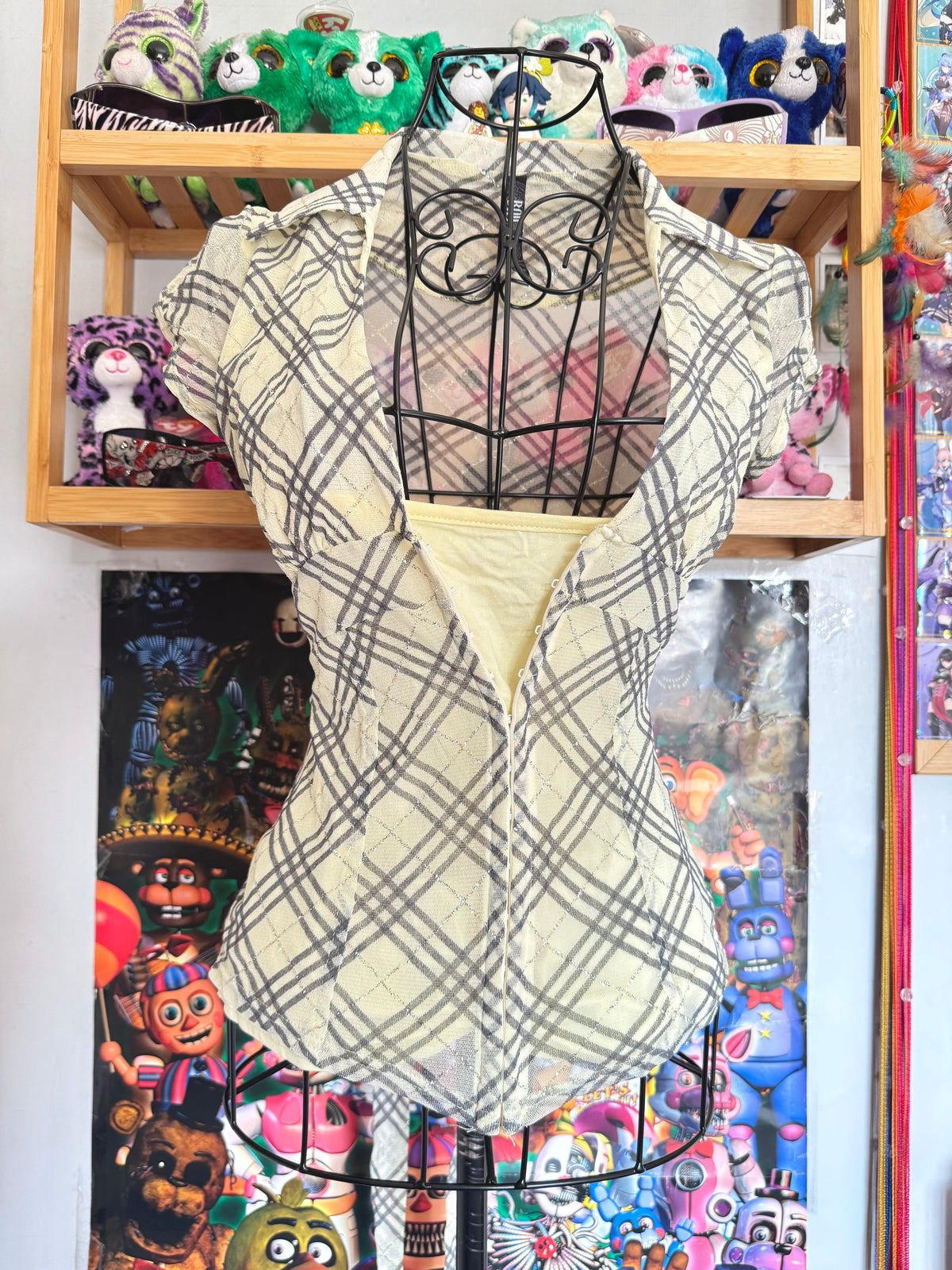 y2k vintage plaid print glittery tie back fitted blouse with built-in cami under