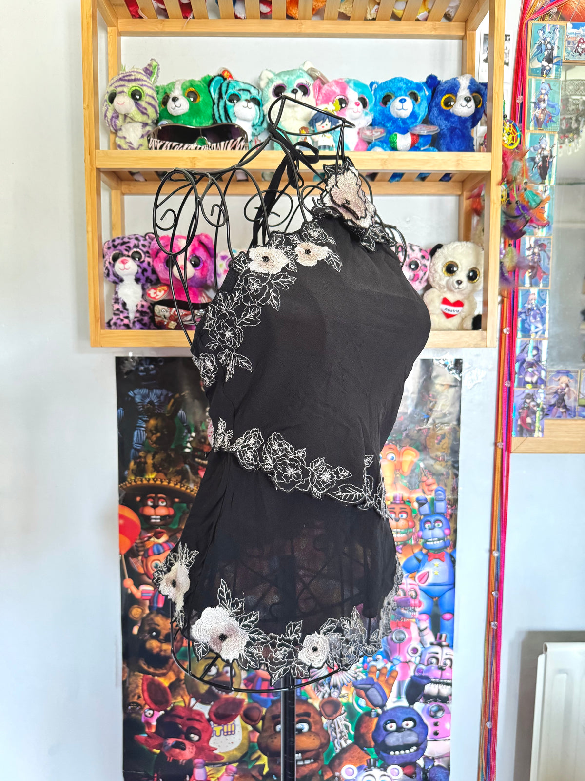 y2k vintage silk black floral embroidered halterneck cami top