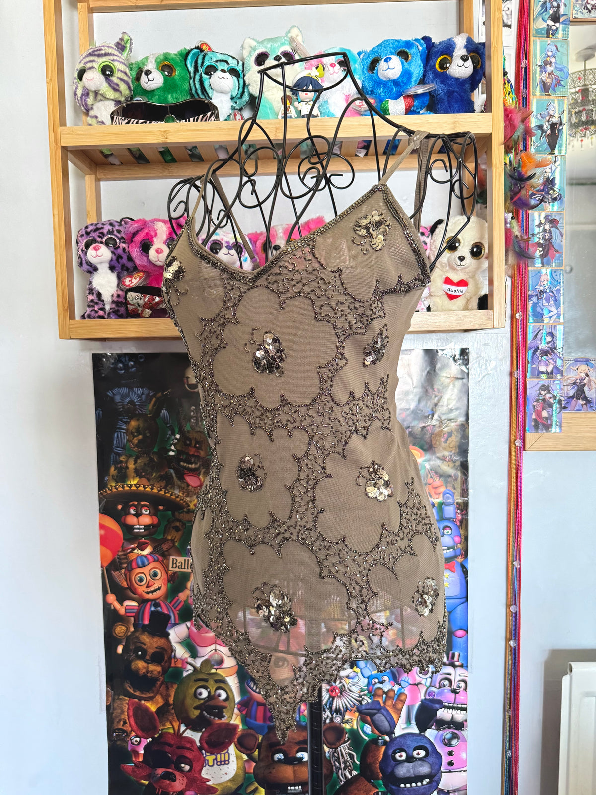 y2k vintage khaki brown sheer mesh butterfly sequinned cami top with jagged asymmetrical hem fairy