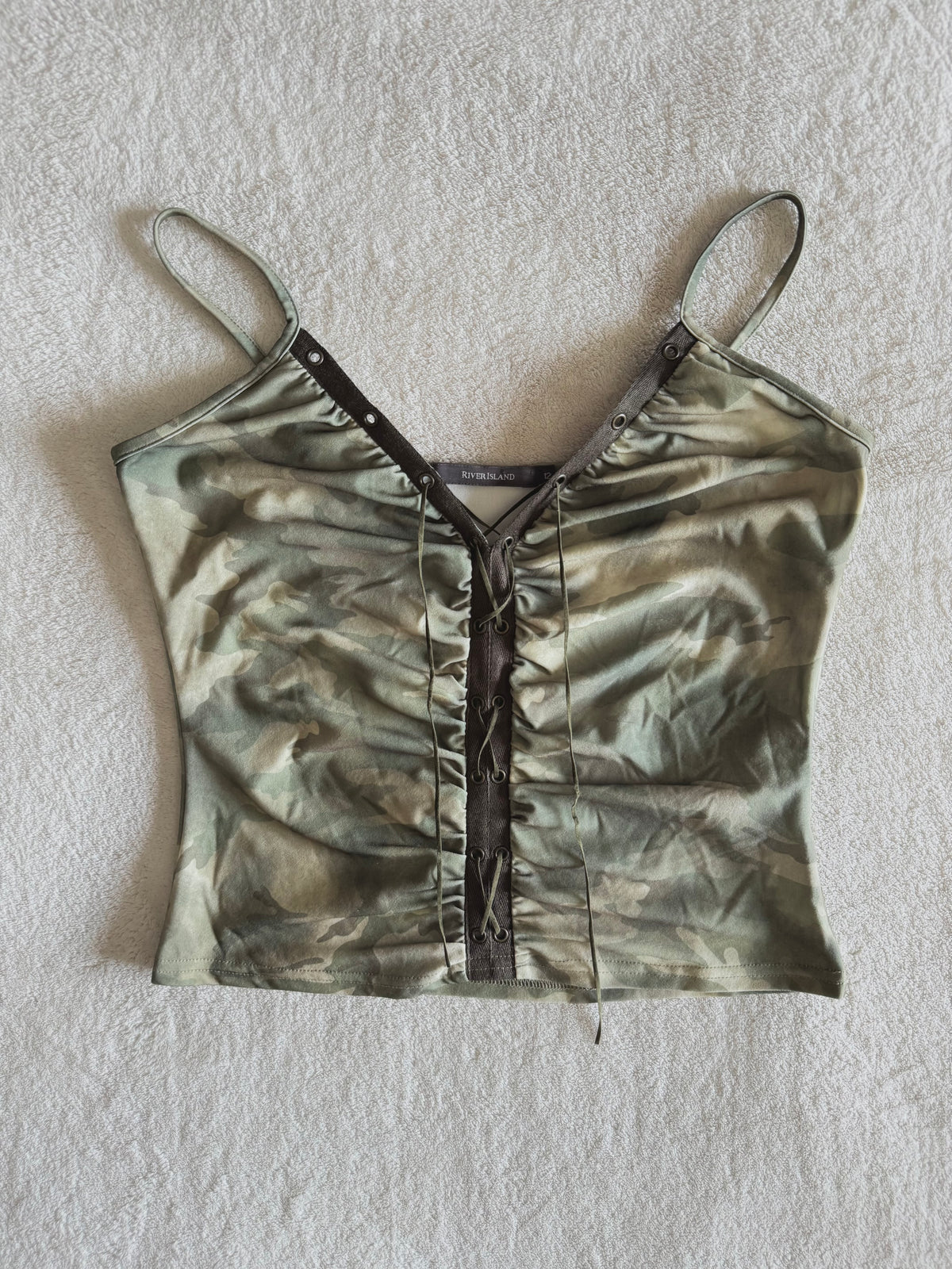y2k vintage camouflage print green lace up ruched and fitted cami top with grommets