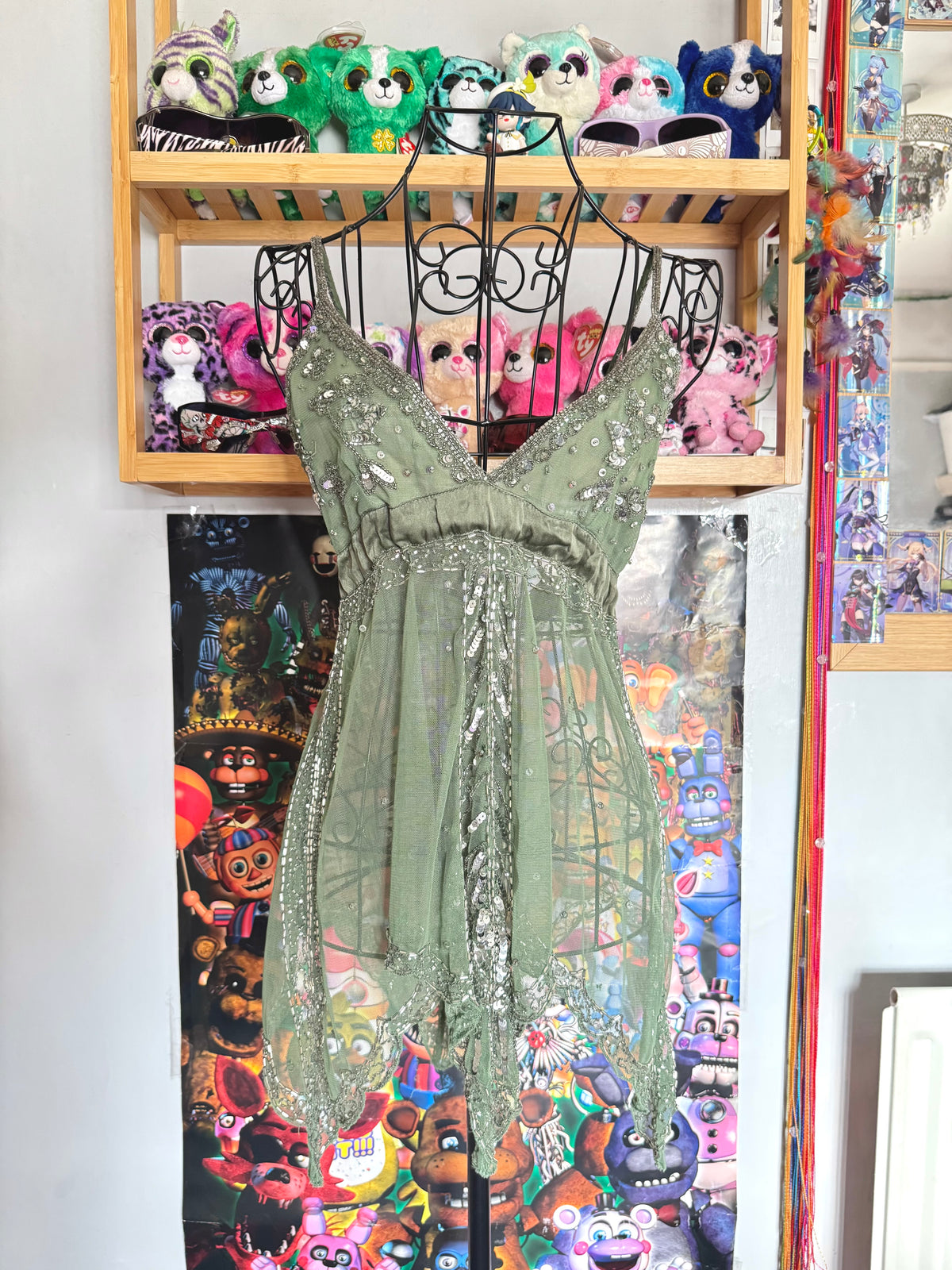 y2k vintage olive green sequin embellished tie back floaty fairycore cami top forest