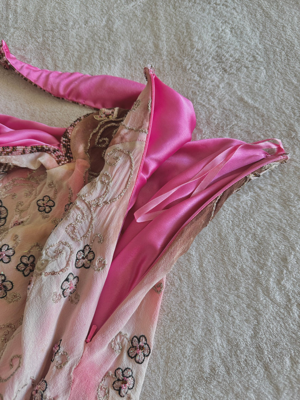 90’s vintage silk pink and brown beaded floral pattern halterneck mini dress fairycore
